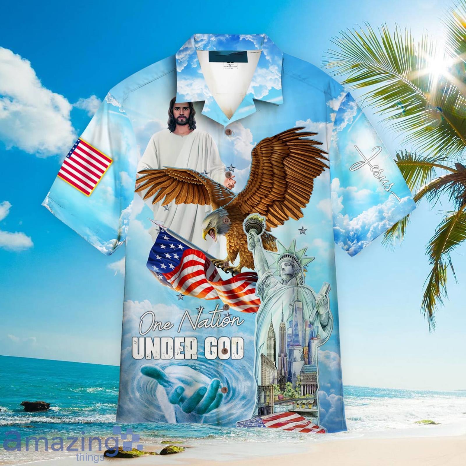 4th Of July Outfit Independence Day One Nation Under God Patriotic Aloha Hawaiian Shirt Beach Gift Product Photo 1