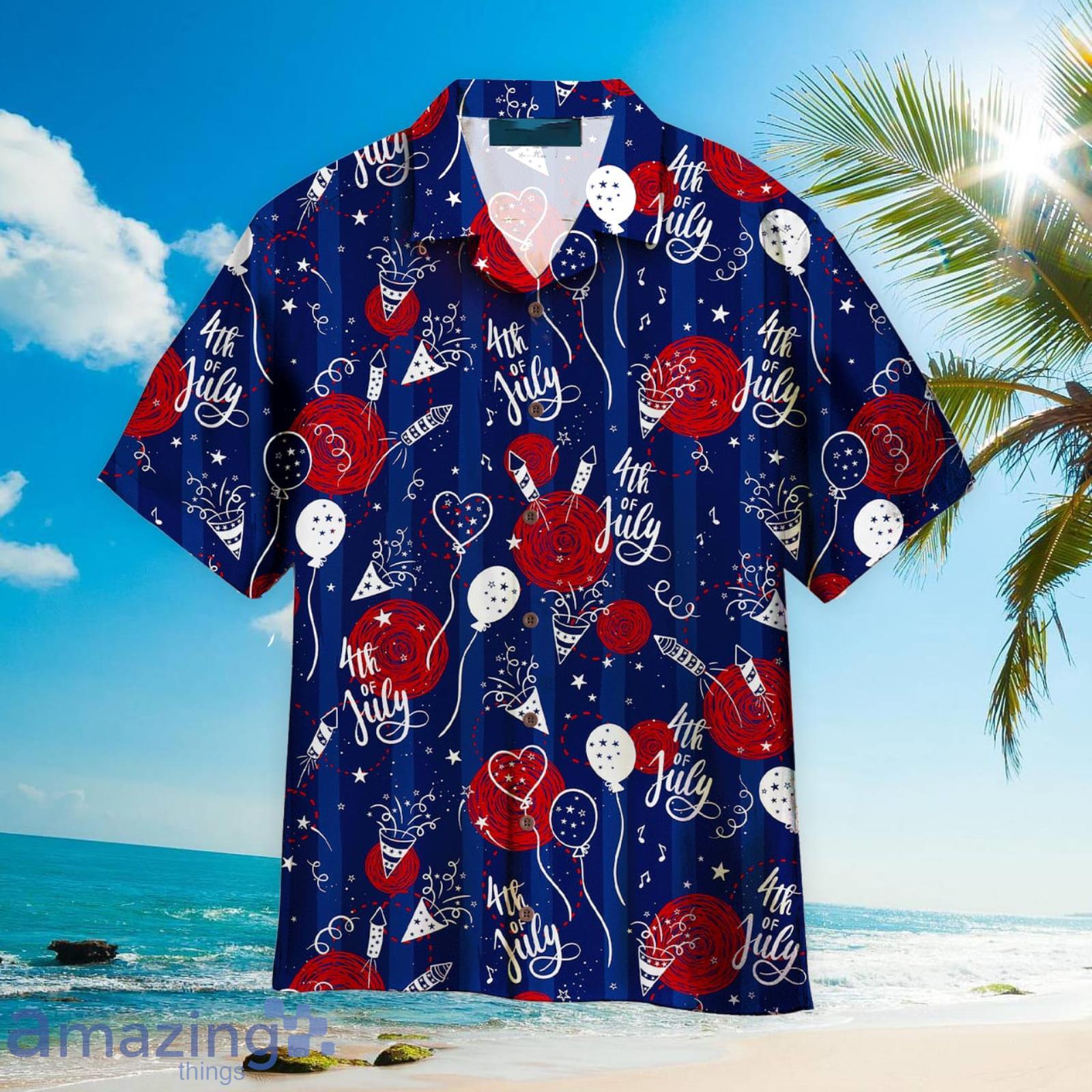 4th Of July Party Seamless Blue And Red Aloha Hawaiian Shirt Beach Gift Product Photo 1