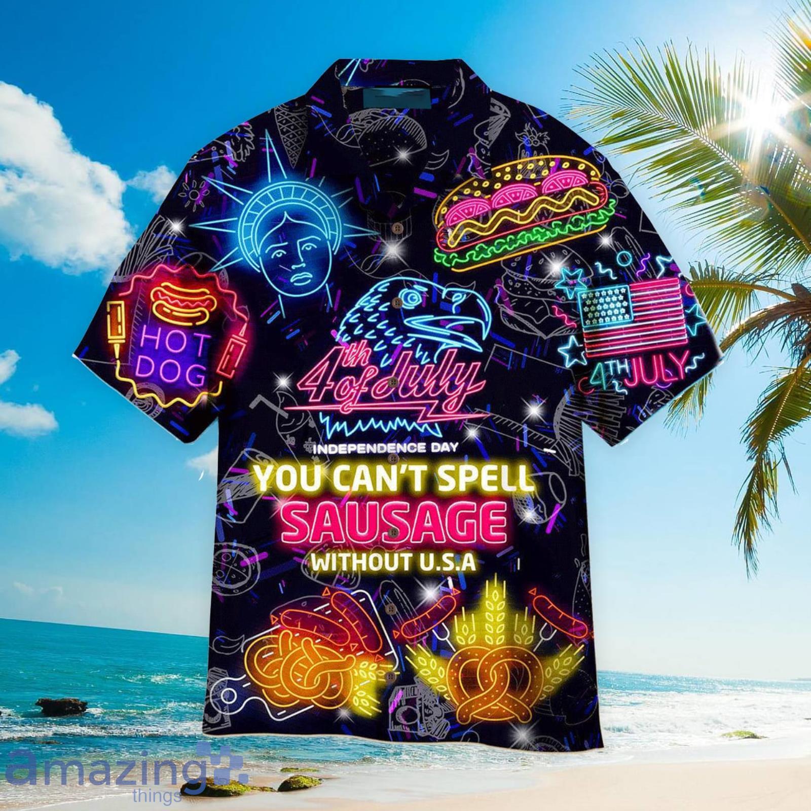 4th Of July You Can't Spell Sausage Without USA Neon Black Aloha Hawaiian Shirt Beach Gift Product Photo 1