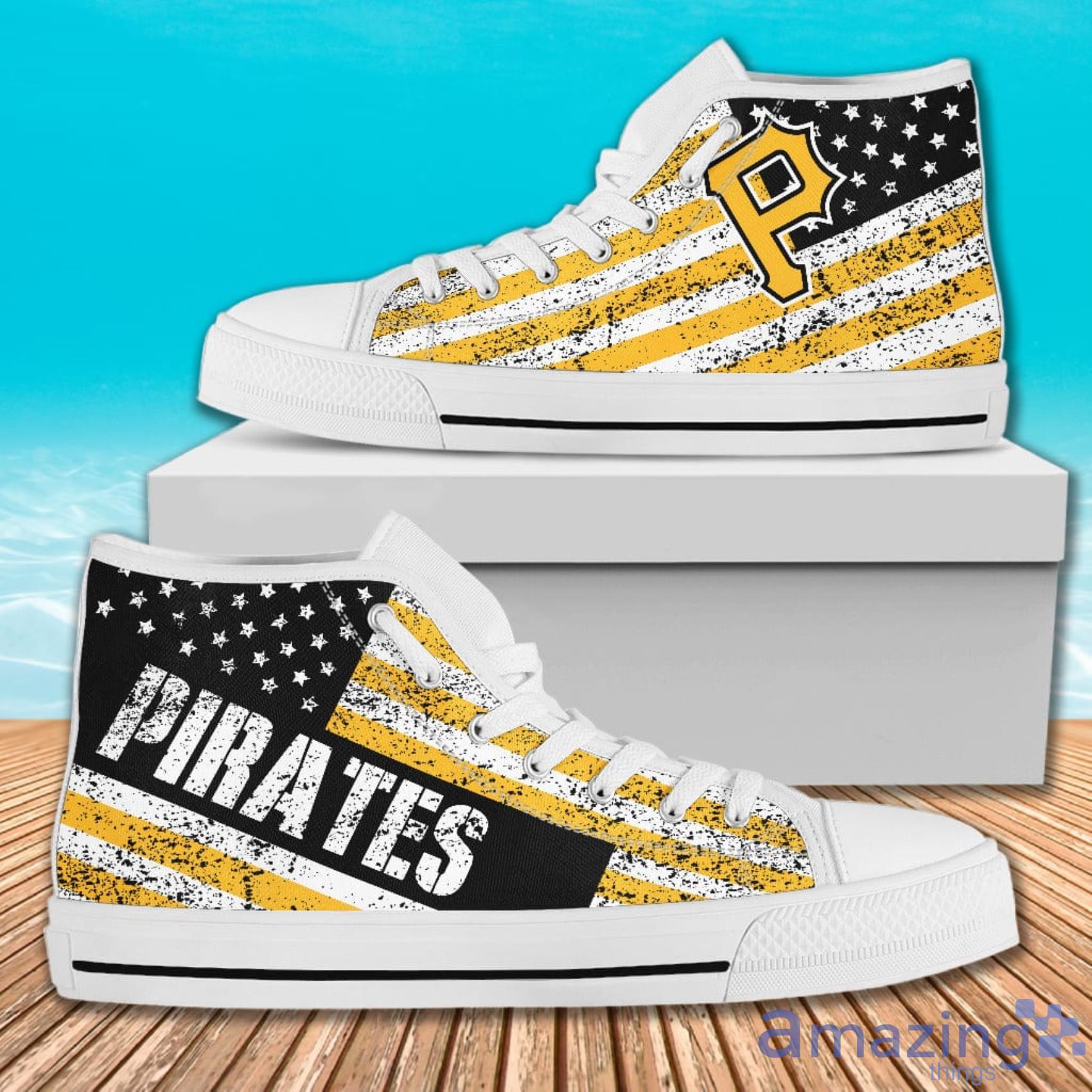 America Flag Italic Vintage Style Pittsburgh Pirates High Top Shoes For Men And Women image America Flag Italic Vintage Style Pittsburgh Pirates High Top Shoes For Men And Women Product Photo 2