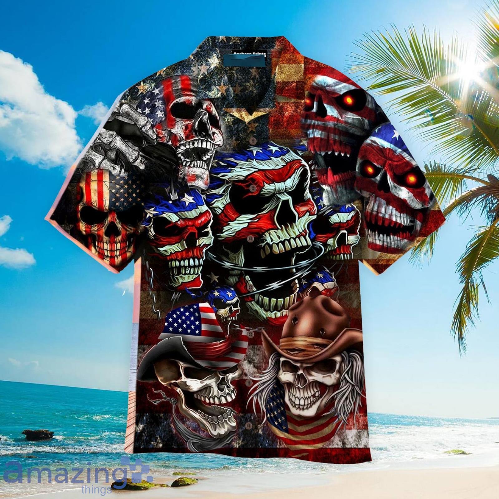 America Skull 4th Of July Black And White Aloha Hawaiian Shirt Beach Gift Product Photo 1