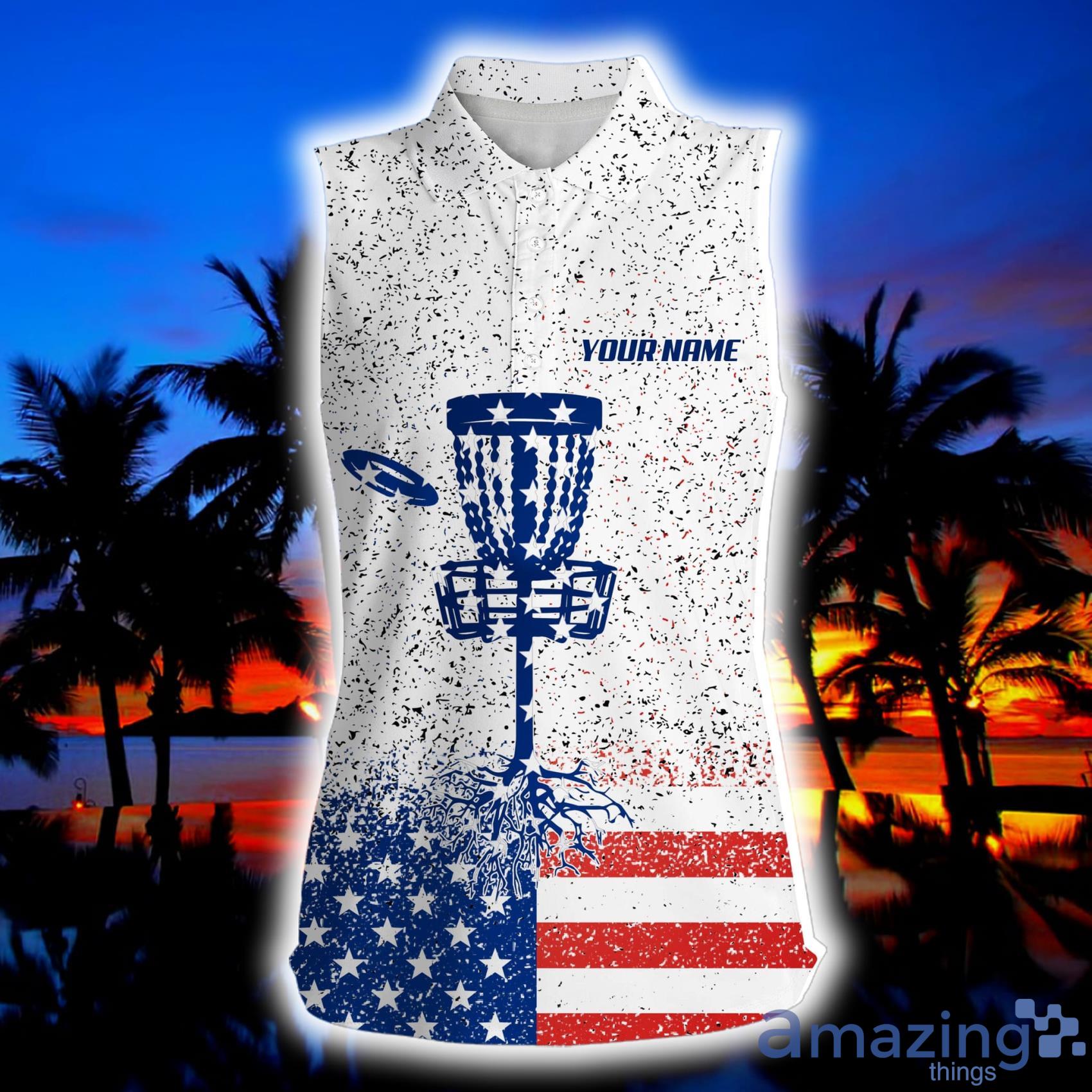 American Flag Disc Golf Custom Name Patriotic Womens Sleeveless Polo Shirt Product Photo 1