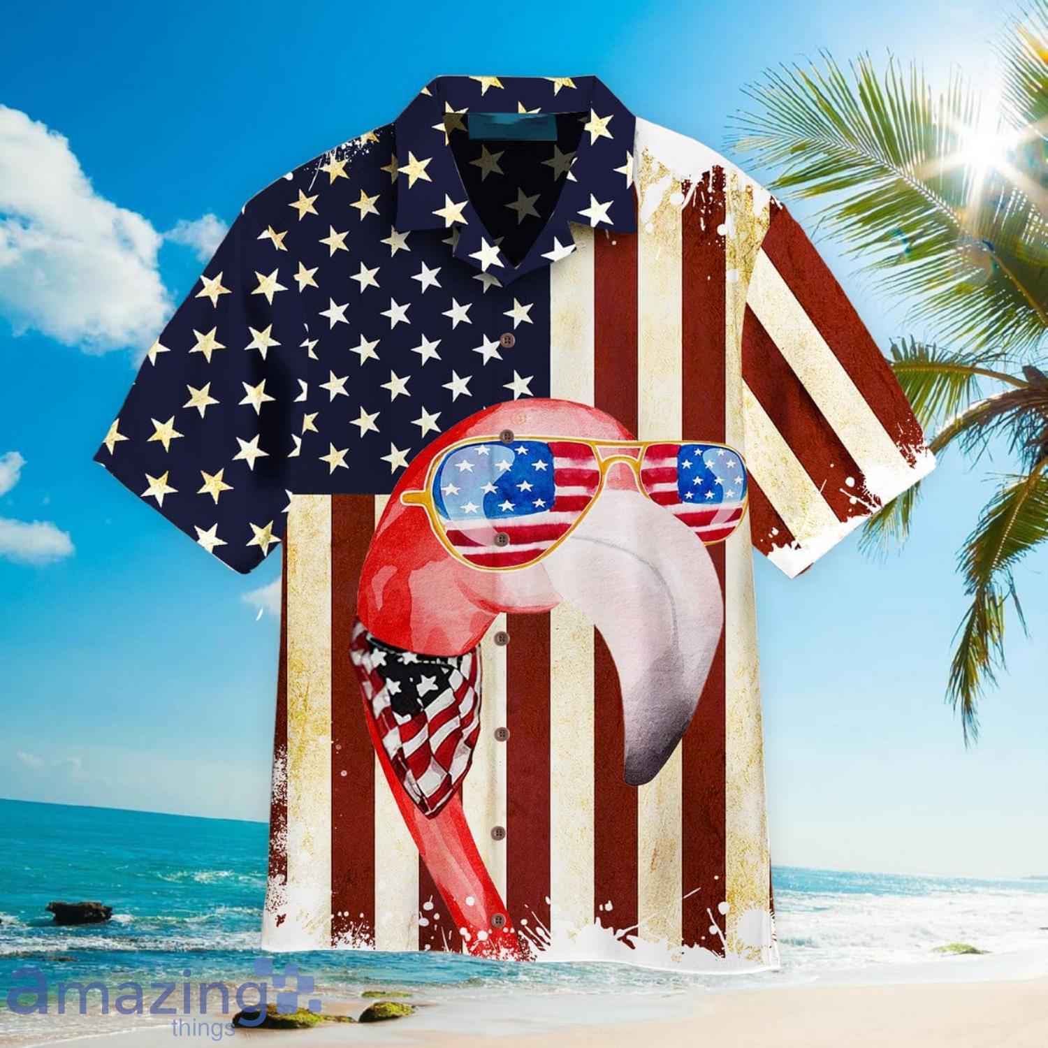 American Flag Flamingo Aloha Summer Beach Gift Hawaiian Shirt Product Photo 1