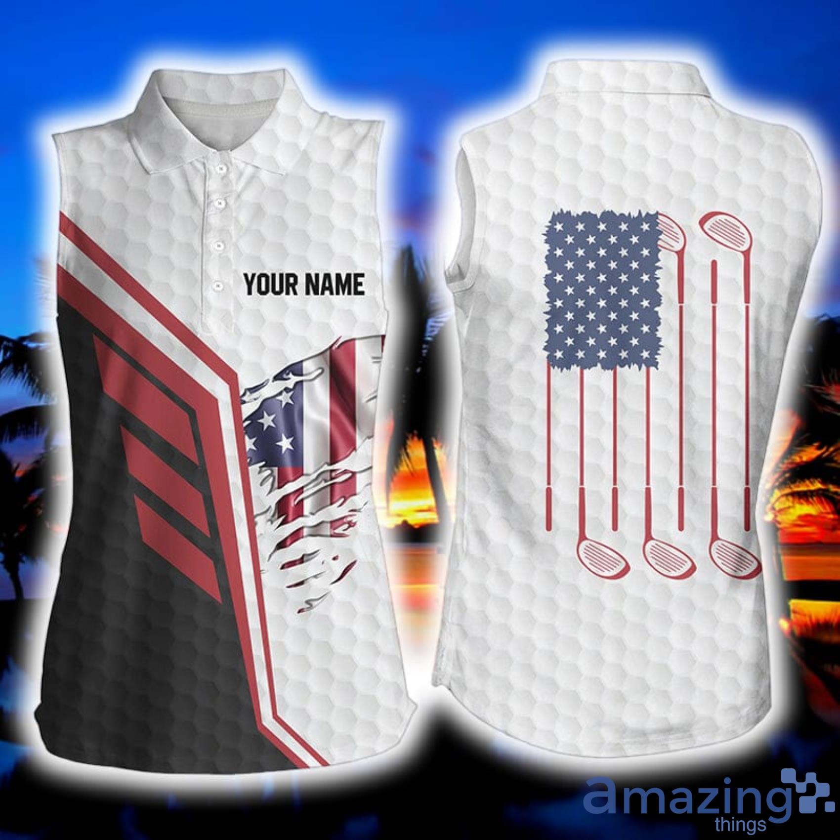 American Flag Golf Clubs White Golf Balls Skin Custom Name Golfing Gifts Womens Sleeveless Polo Shirt Product Photo 1
