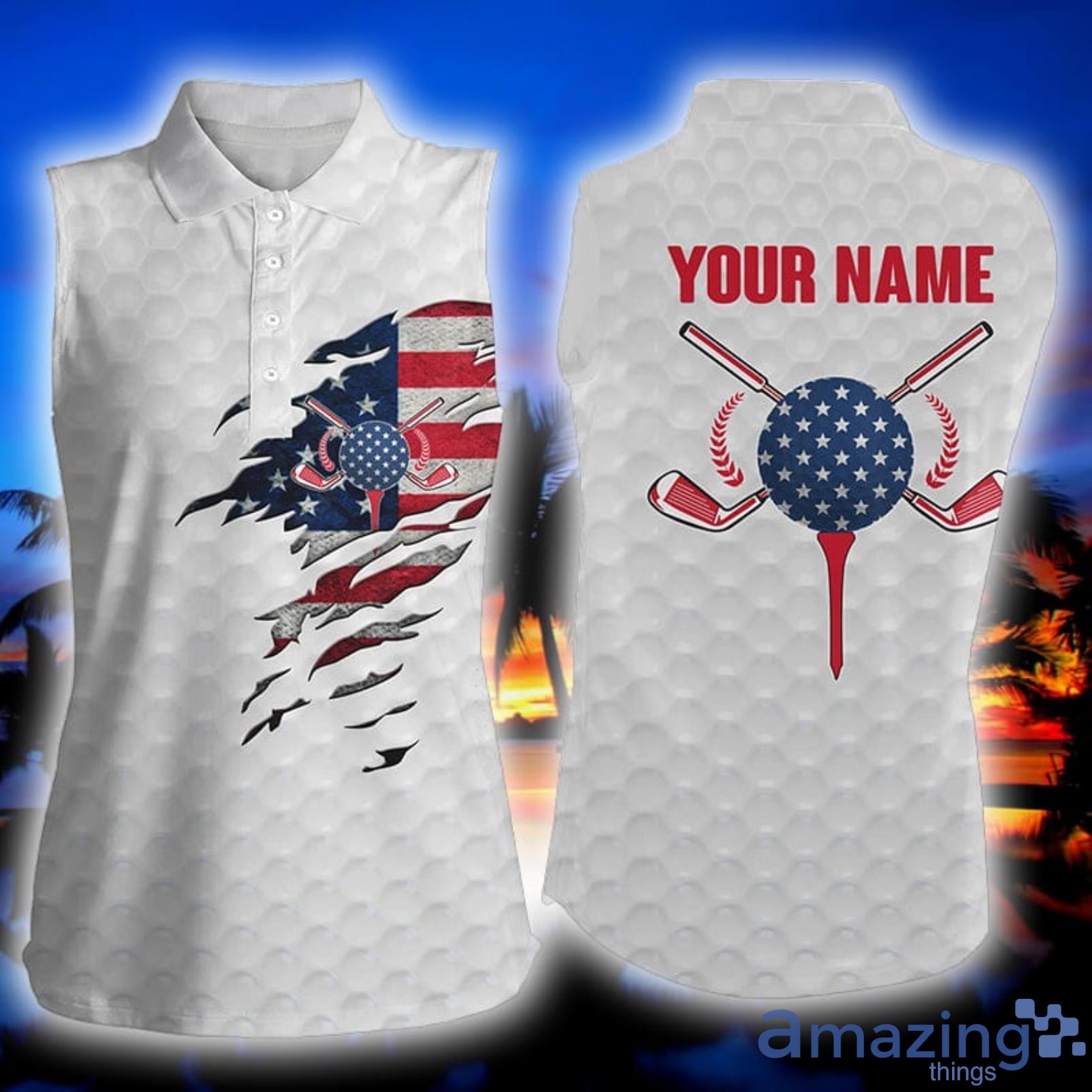 American Flag White Golf Ball Skin Custom Name Ladies Sleeveless Golf Shirt Womens Sleeveless Polo Shirt Product Photo 1 American Flag White Golf Ball Skin Custom Name Ladies Sleeveless Golf Shirt Womens Sleeveless Polo Shirt Product Photo 1