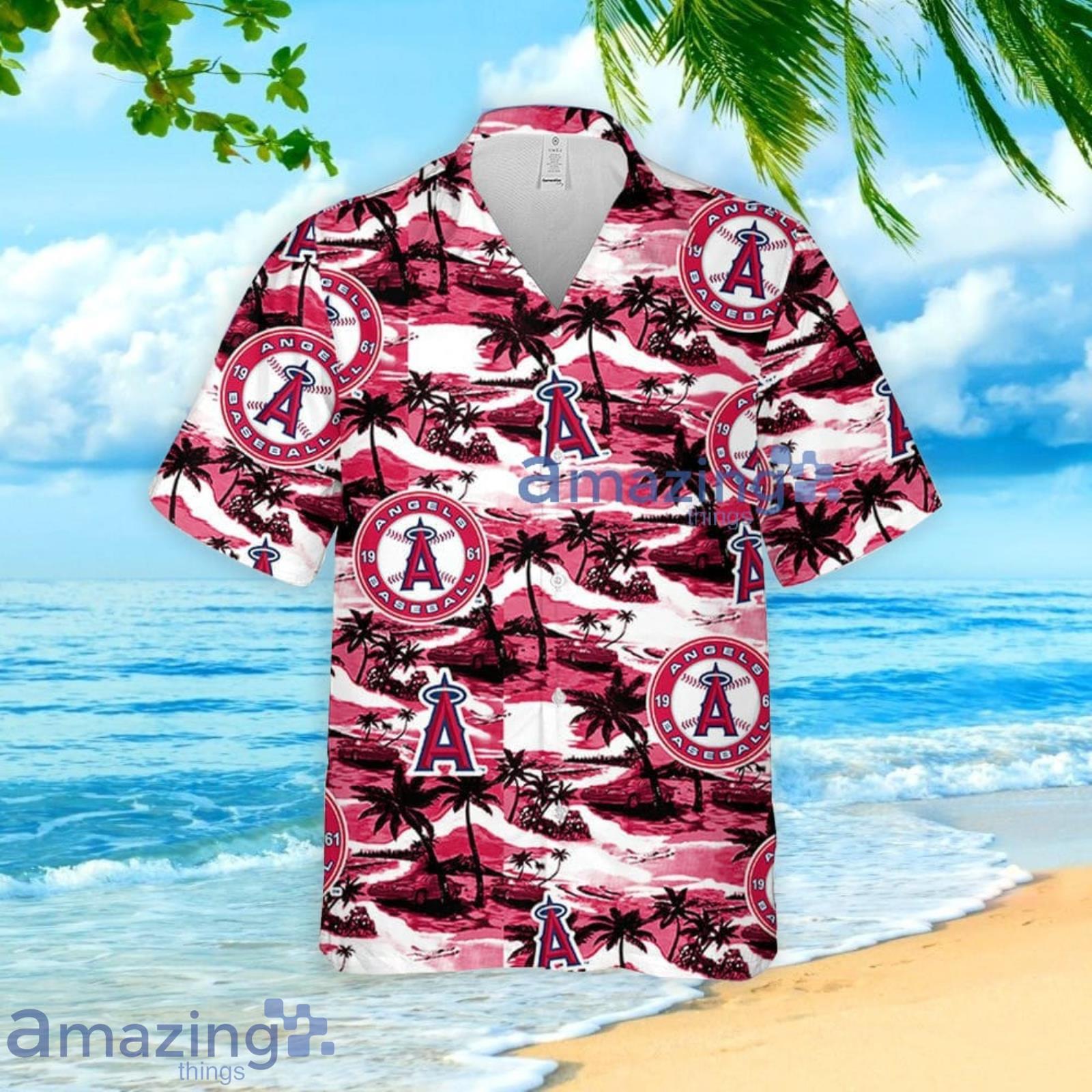 Anaheim Angels Sea Island Pattern Hawaiian Shirt And Shorts Summer Gift For Angels Fans image Anaheim Angels Sea Island Pattern Hawaiian Shirt And Shorts Summer Gift For Angels Fans Product Photo 2