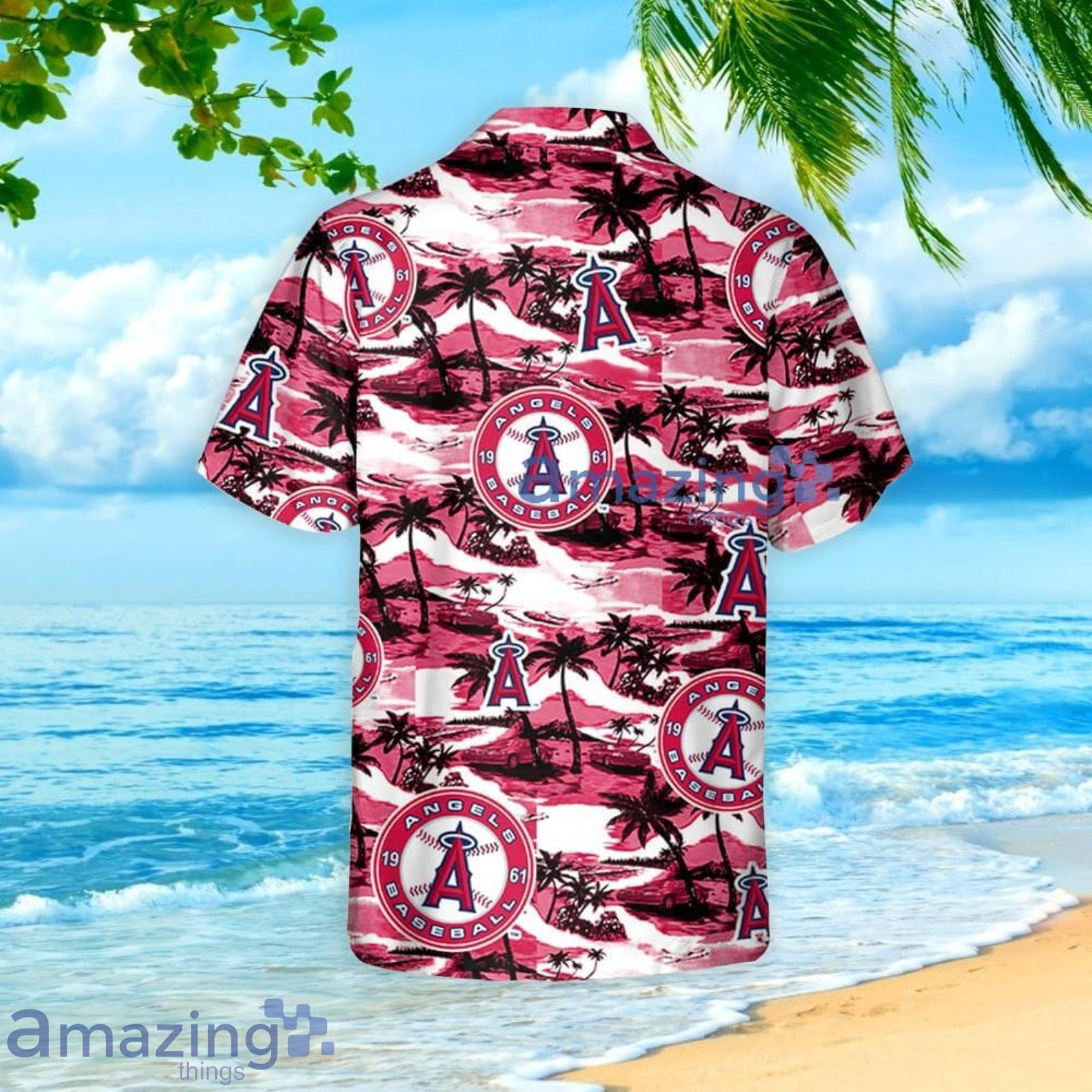 Anaheim Angels Sea Island Pattern Hawaiian Shirt And Shorts Summer Gift For Angels Fans image Anaheim Angels Sea Island Pattern Hawaiian Shirt And Shorts Summer Gift For Angels Fans Product Photo 3