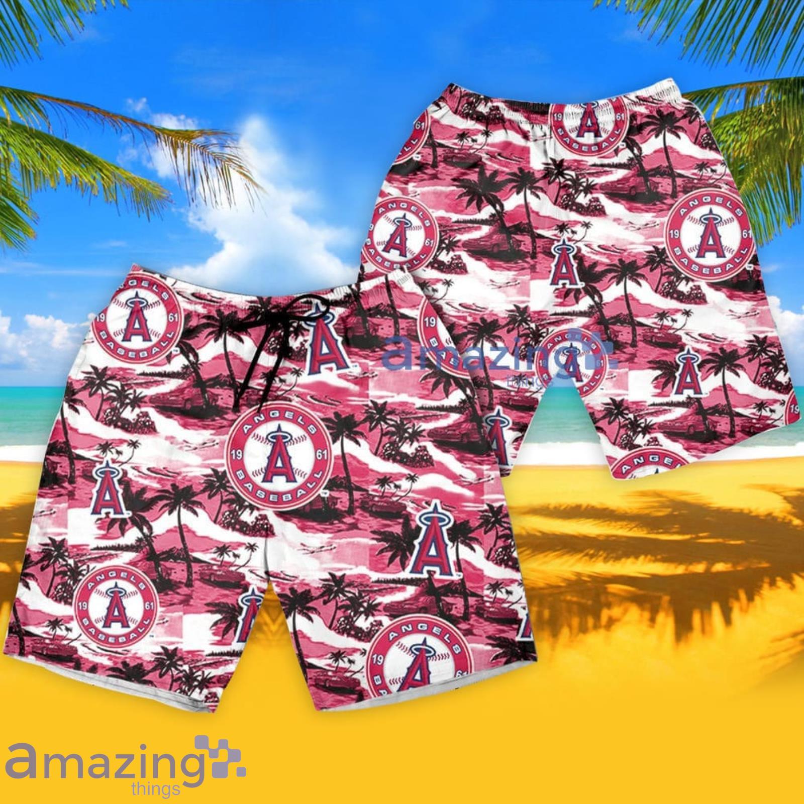 Anaheim Angels Sea Island Pattern Hawaiian Shirt And Shorts Summer Gift For Angels Fans image Anaheim Angels Sea Island Pattern Hawaiian Shirt And Shorts Summer Gift For Angels Fans Product Photo 4