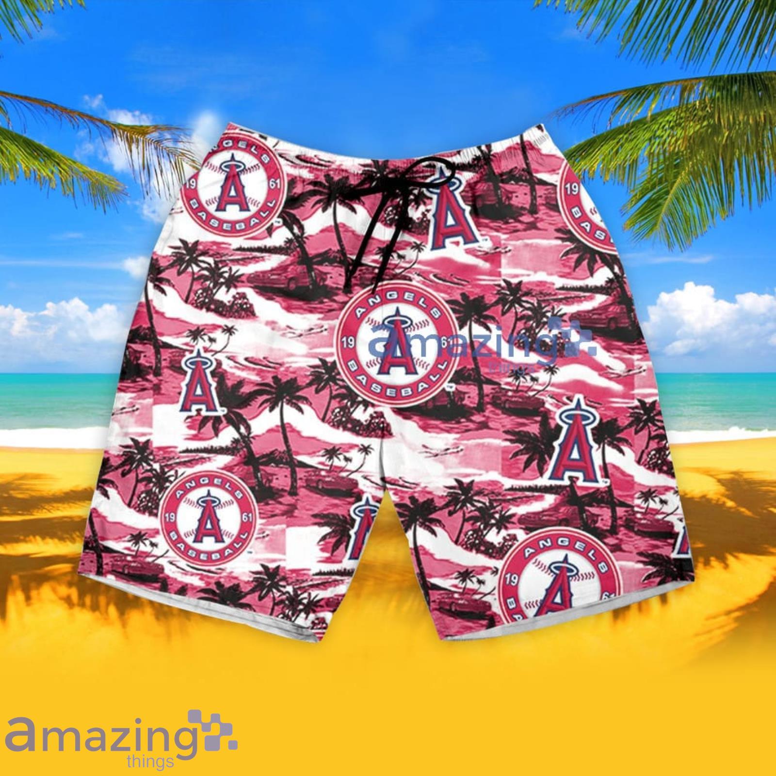 Anaheim Angels Sea Island Pattern Hawaiian Shirt And Shorts Summer Gift For Angels Fans image Anaheim Angels Sea Island Pattern Hawaiian Shirt And Shorts Summer Gift For Angels Fans Product Photo 5