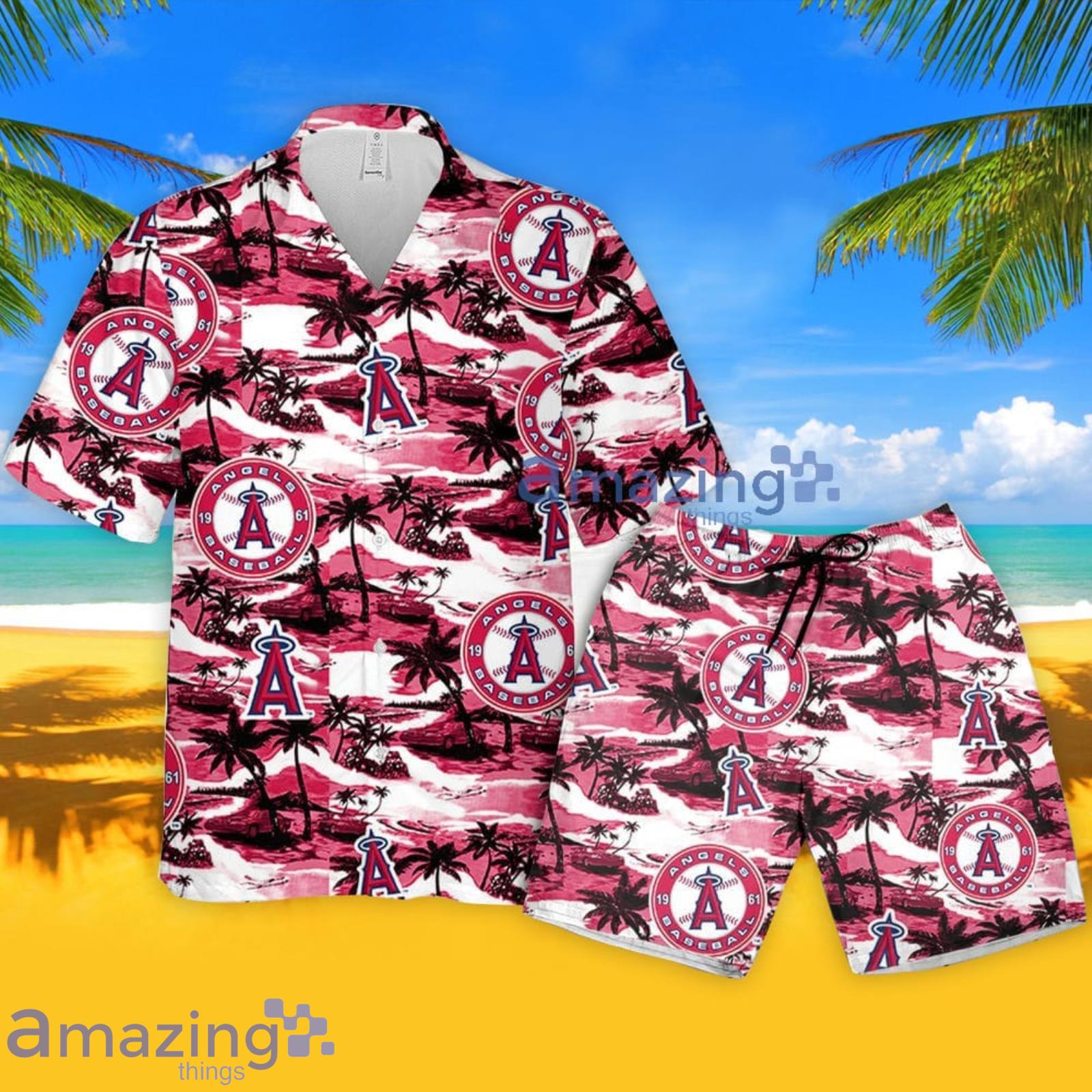 Anaheim Angels Sea Island Pattern Hawaiian Shirt And Shorts Summer Gift For Angels Fans Product Photo 1 Anaheim Angels Sea Island Pattern Hawaiian Shirt And Shorts Summer Gift For Angels Fans Product Photo 1