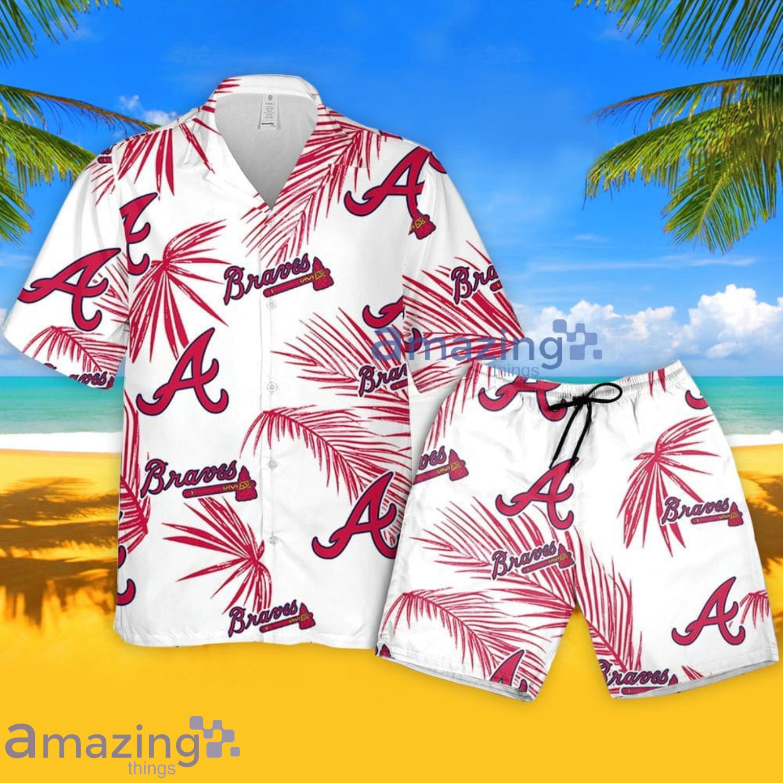 Atlanta Braves Sketch Palm Leaves Seamless Pattern Hawaiian Shirt