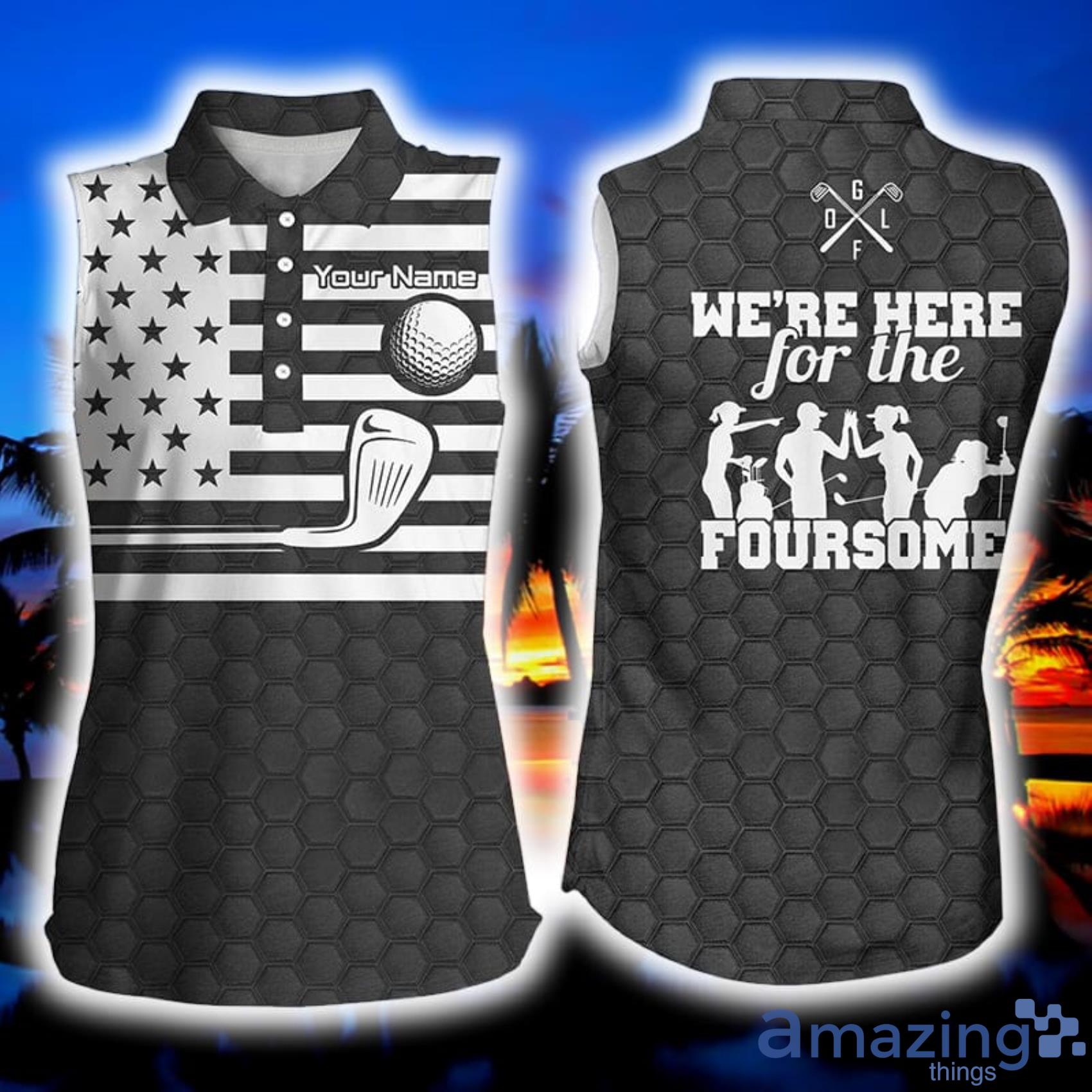 Black White American Flag Custom Name We're Here For The Foursome Golf Gifts Womens Sleeveless Polo Shirt Product Photo 1