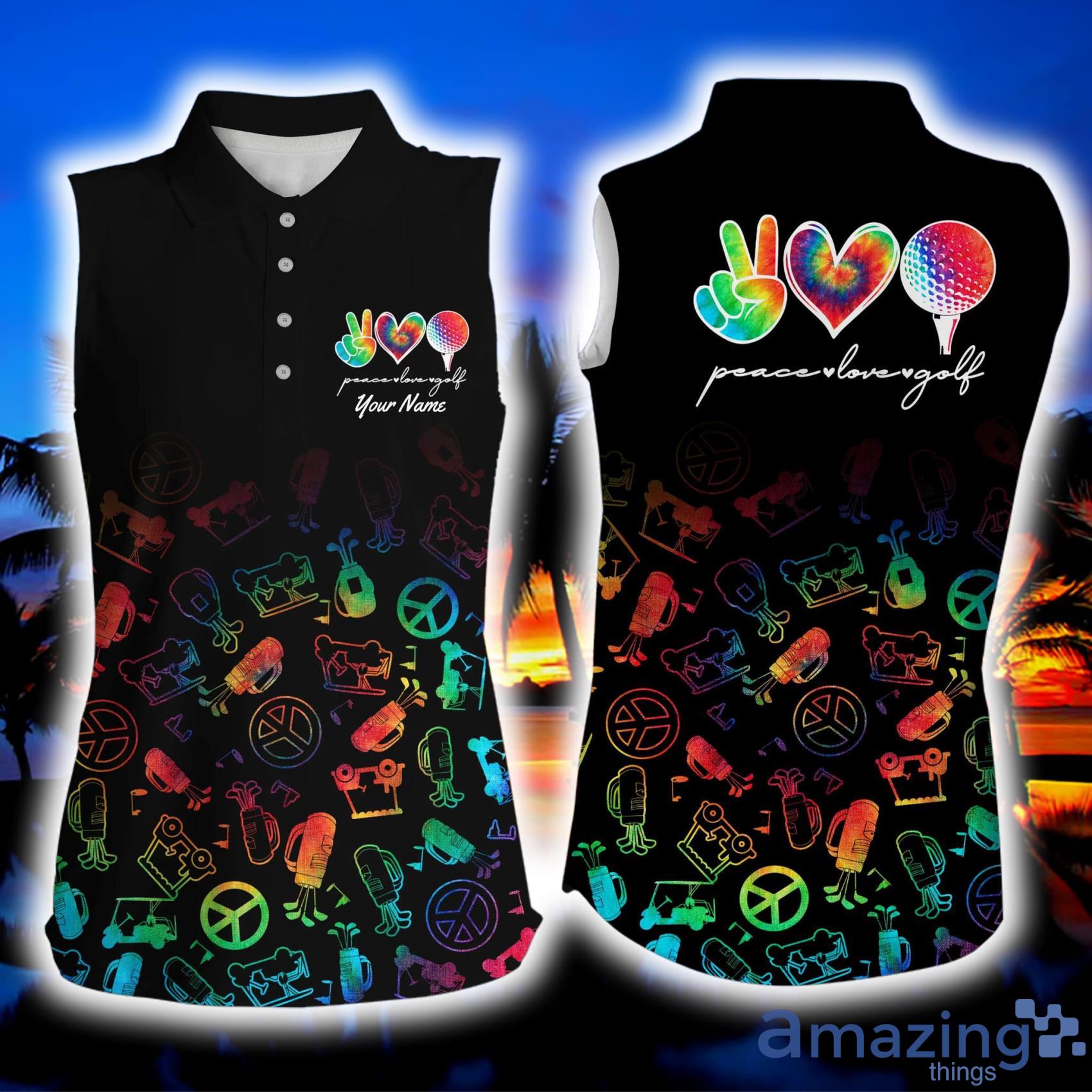 Black Women Sleeveless Polo Shirt Custom Name Watercolor Peace Love Golf Personalized Womens Sleeveless Polo Shirt Product Photo 1