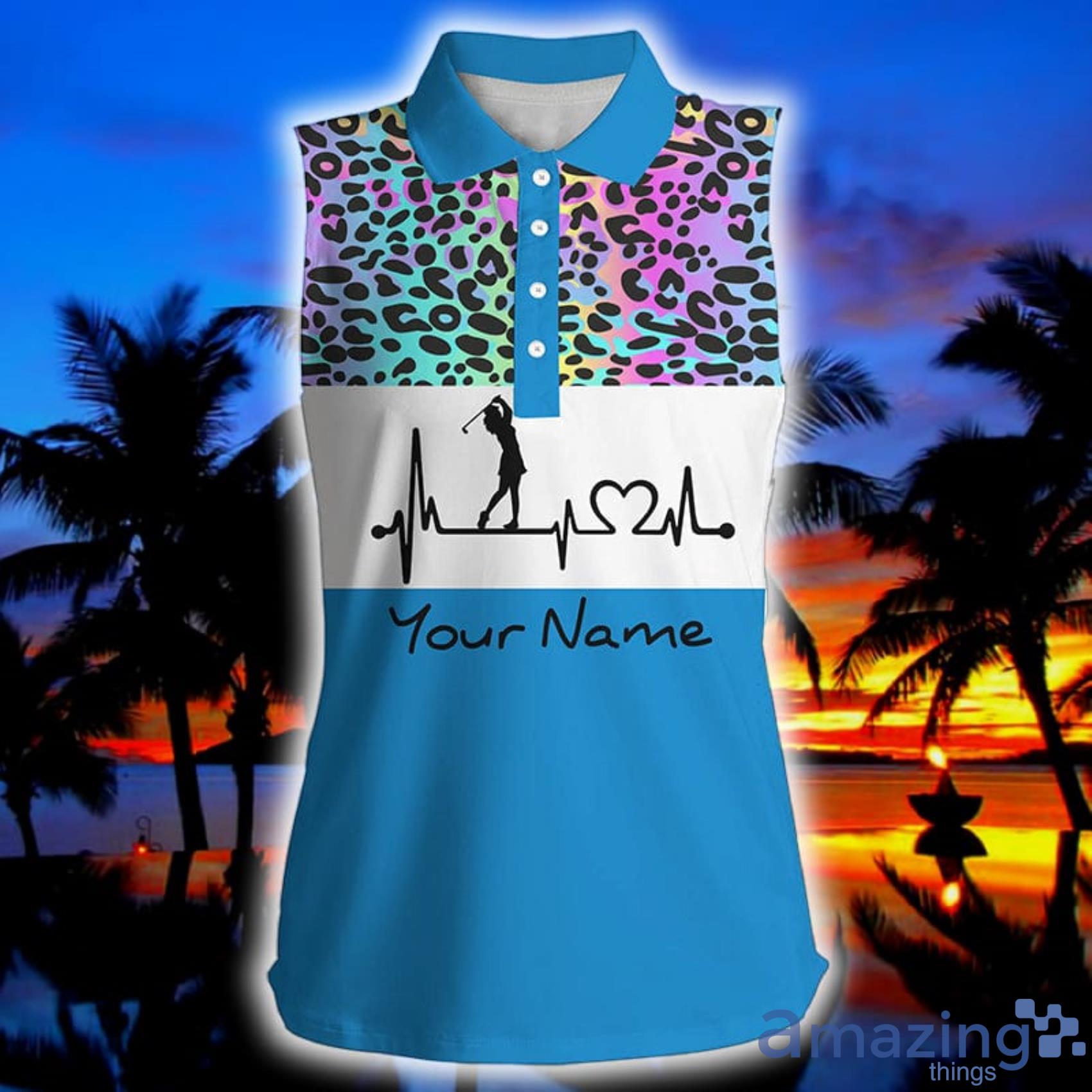Blue Custom Name Rainbow Gradient Leopard Golf Heartbeat Golfing Gifts Womens Sleeveless Polo Shirt Product Photo 1 Blue Custom Name Rainbow Gradient Leopard Golf Heartbeat Golfing Gifts Womens Sleeveless Polo Shirt Product Photo 1