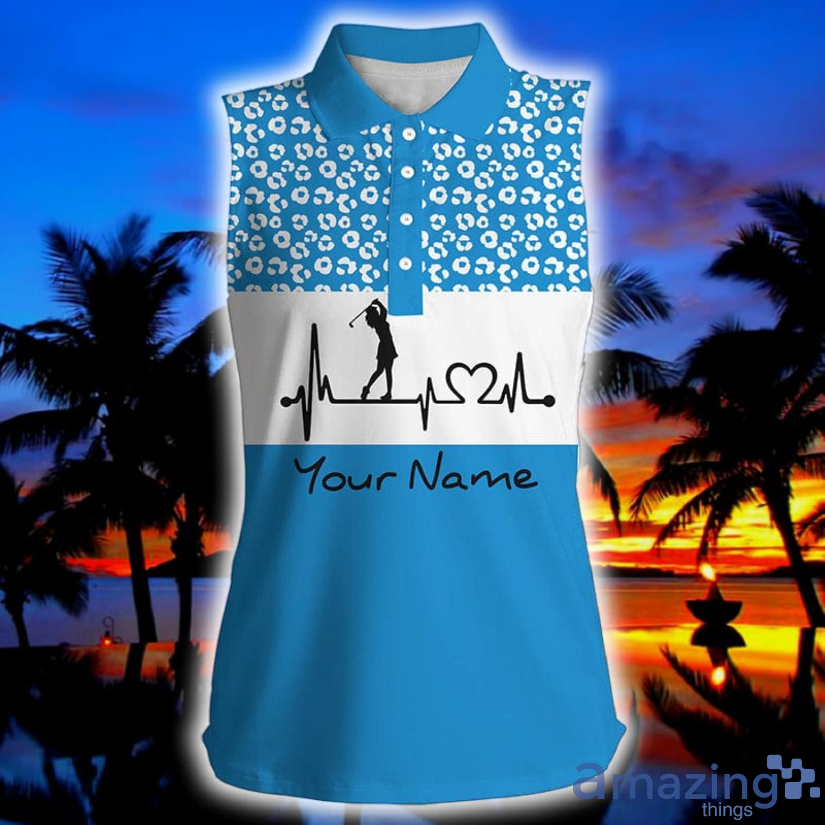 Blue Golf Heartbeat Custom Name Leopard Pattern Golf Shirt Golf Gifts Womens Sleeveless Polo Shirt Product Photo 1 Blue Golf Heartbeat Custom Name Leopard Pattern Golf Shirt Golf Gifts Womens Sleeveless Polo Shirt Product Photo 1
