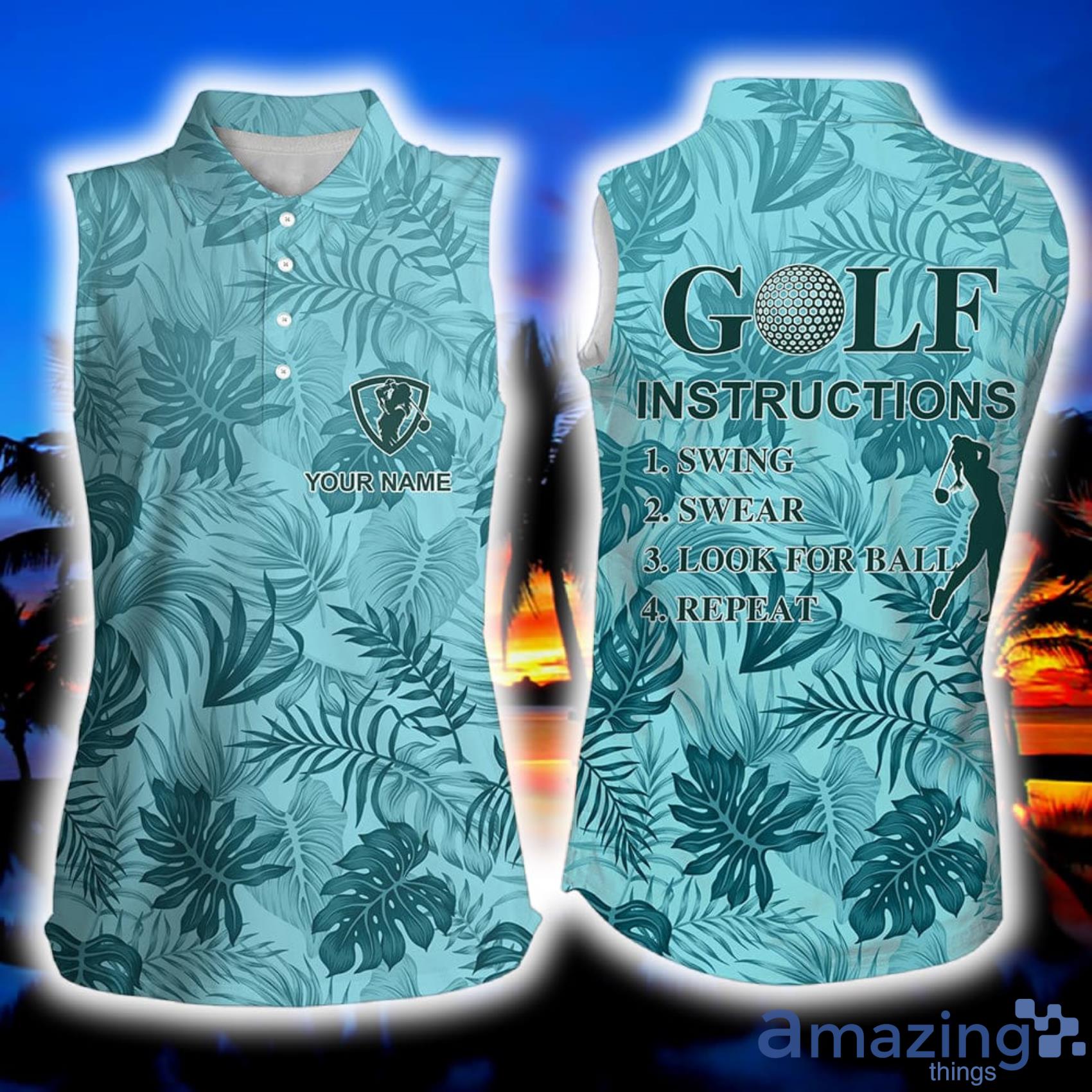 Blue Tropical Plants Custom Name Golf Swing Swear Look For Ball Repeat Womens Sleeveless Polo Shirt Product Photo 1
