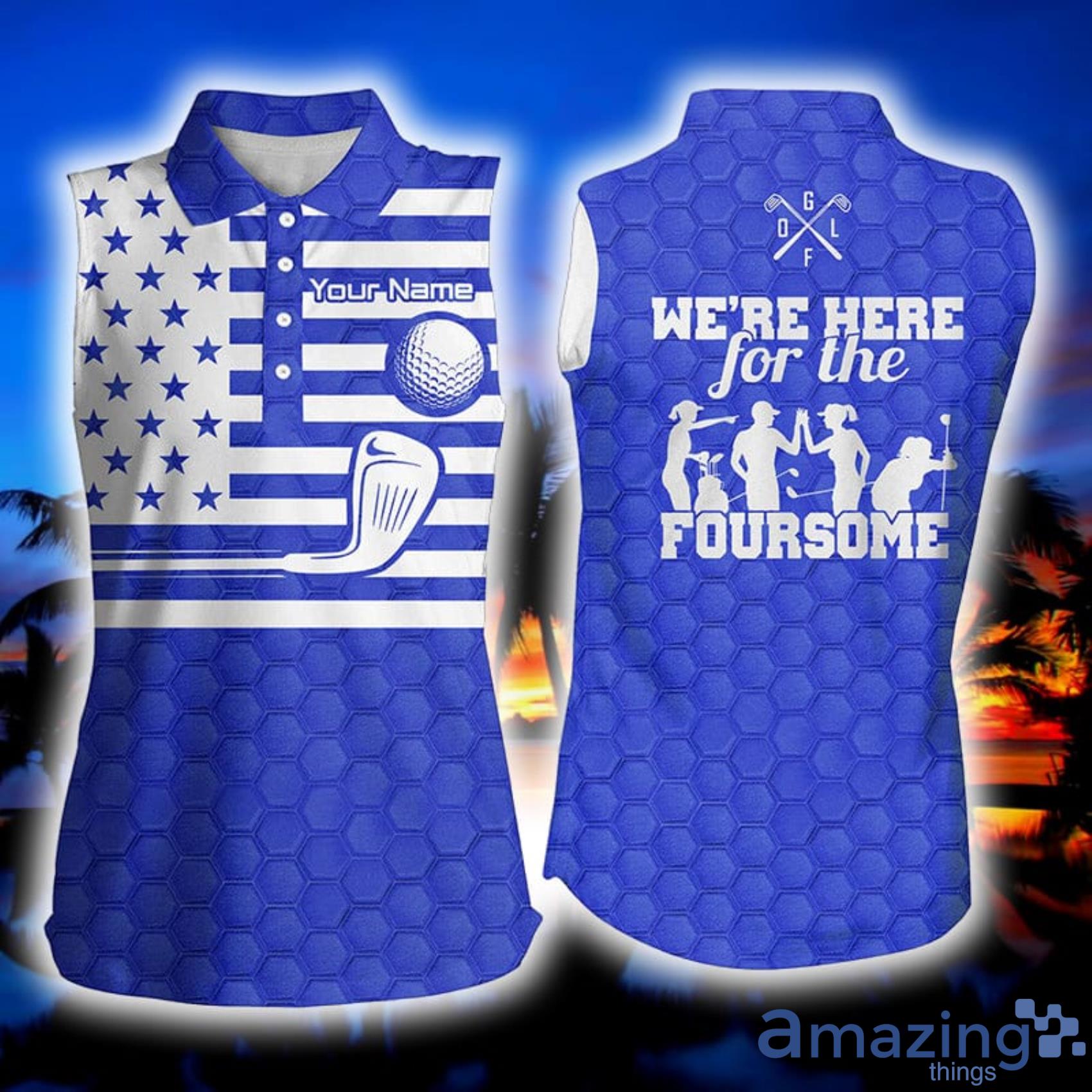 Blue White American Flag Custom Name We're Here For The Foursome Golf Gifts Womens Sleeveless Polo Shirt Product Photo 1