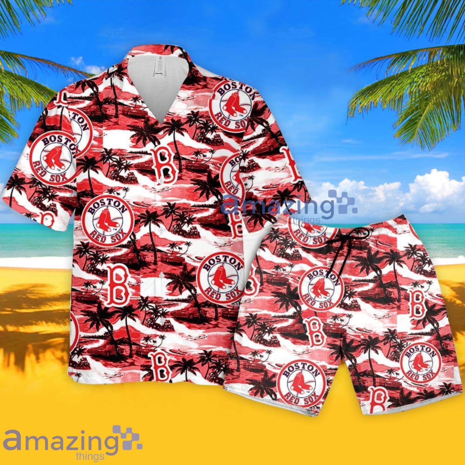 Boston Red Sox Baseball Coconut Beach Pattern Hawaiian Shirt And Shorts  Summer Vacation Gift