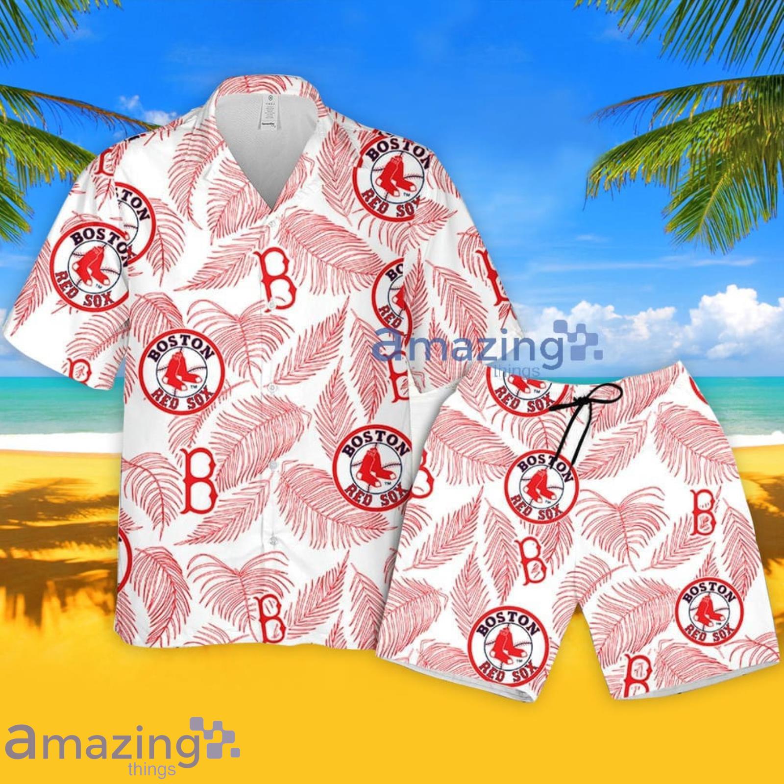 Boston Red Sox Sketch Palm Leaves Seamless Pattern Hawaiian Shirt And Shorts Summer Gift For Red Fans Product Photo 1
