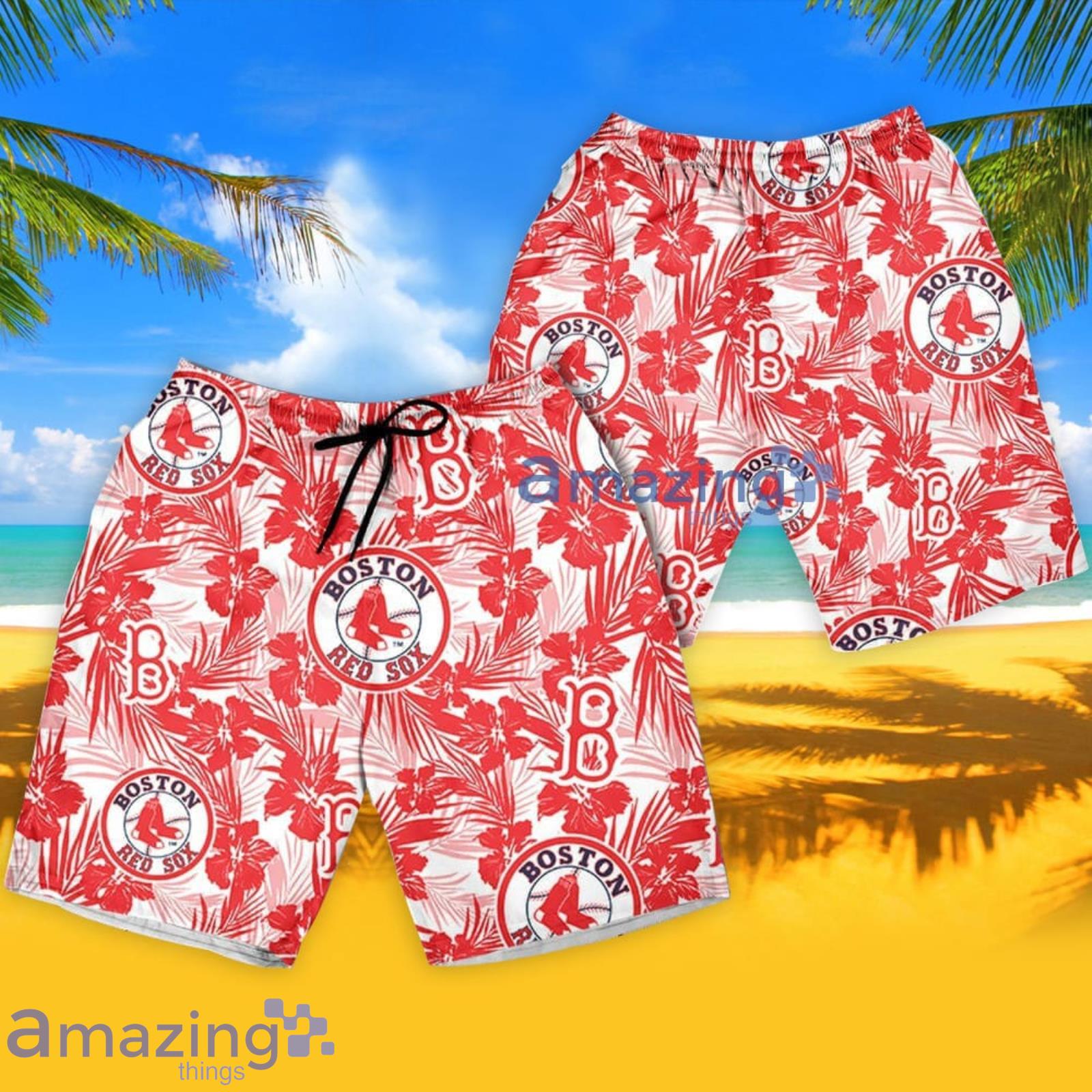 Boston Red Sox Baseball Floral Big Flower Pattern Hawaiian Shirt And Shorts  Summer Vacation Gift