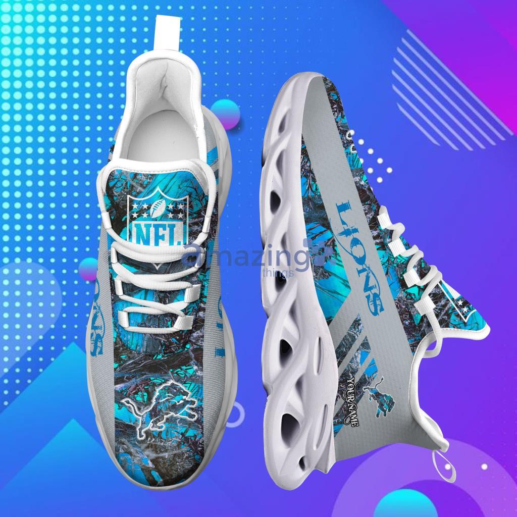 Detroit Lions NFL Custom Name Camo Background And Haftone Max Soul Shoes