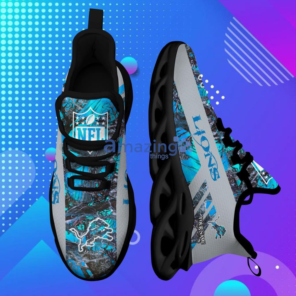 Detroit Lions NFL Custom Name Camo Background And Haftone Max Soul Shoes