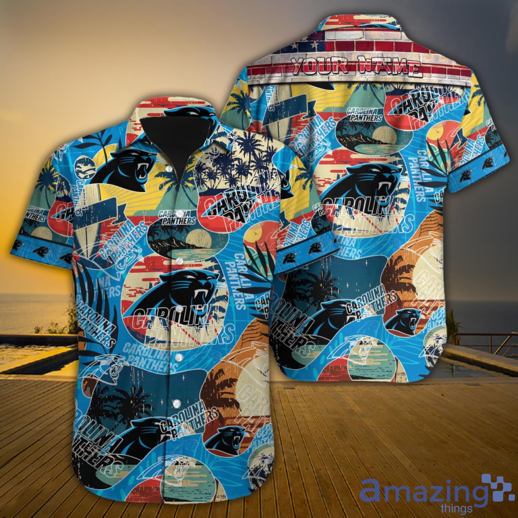 Carolina Panthers NFL Custom Name Colorful Tropical Pattern And Sport Symbol Short Sleeve Hawaiian Shirt Product Photo 1
