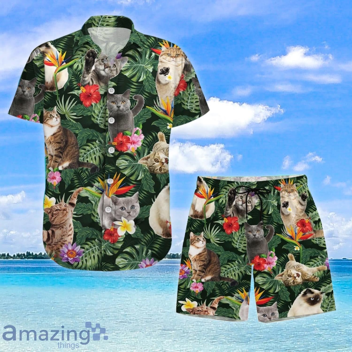 Cat Hawaiian Shirt And Shorts Cat Cat Button Shirt Floral Cat Shirt Product Photo 1