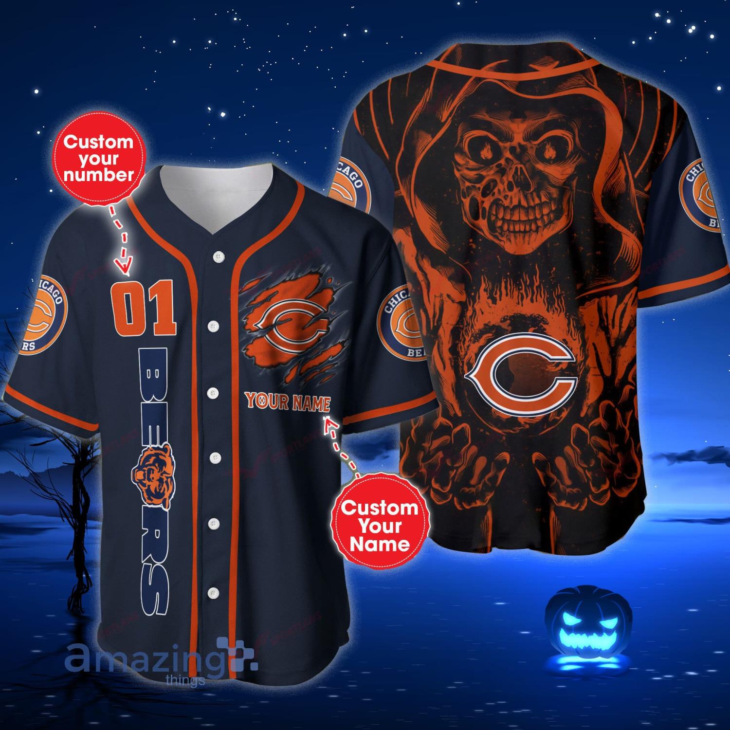 Chicago Bears NFL Skull Print Custom Name And Number Baseball Jersey Shirt