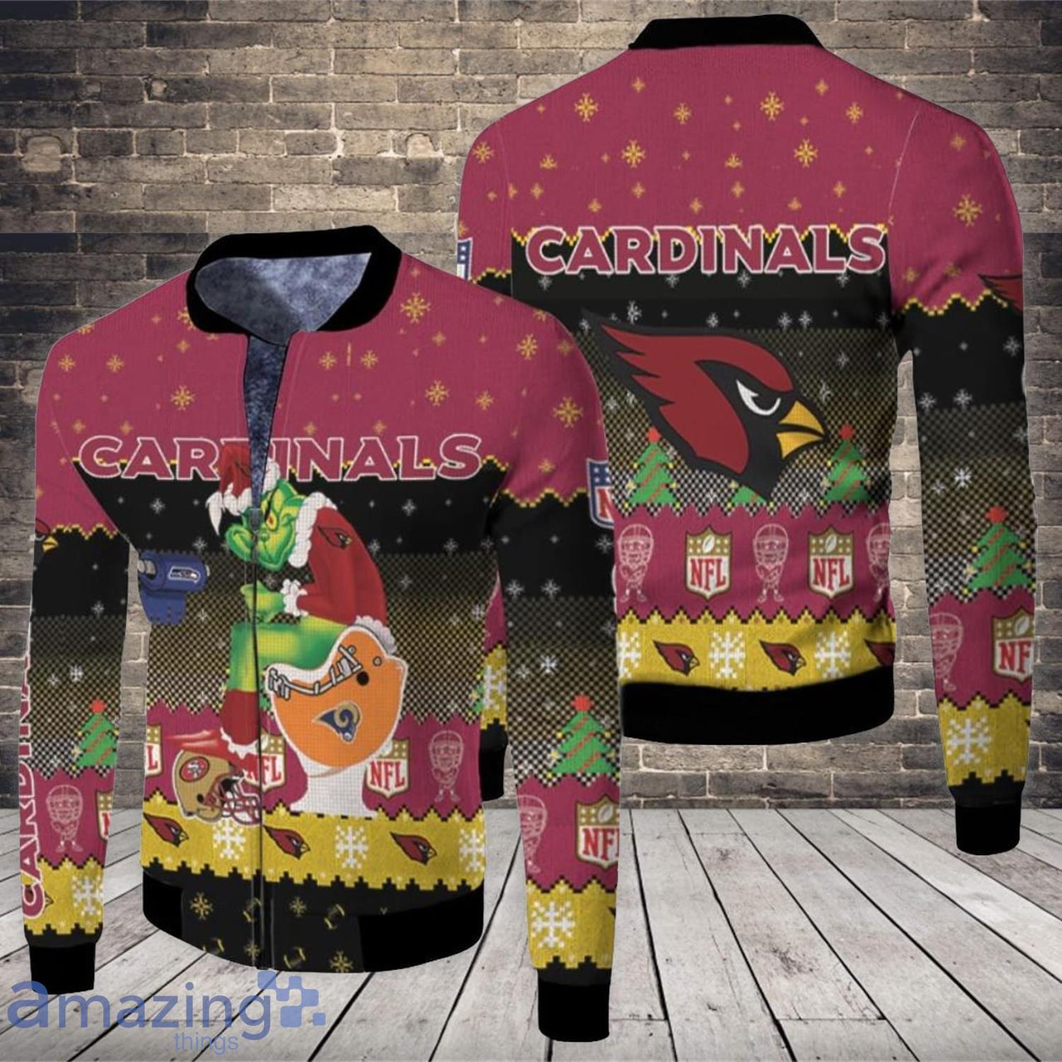 Christmas Pattern Santa Grinch Arizona Cardinals Sitting On Rams Seahawks Chargers Toilet Christmas Gift For Cardinals Fans Fleece Bomber Jacket Product Photo 1