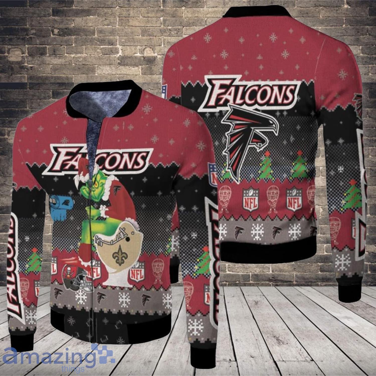 Christmas Pattern Santa Grinch Atlanta Falcons Sitting On Saints Panthers Buccaneers Toilet Christmas Gift For Falcons Fans Fleece Bomber Jacket Product Photo 1