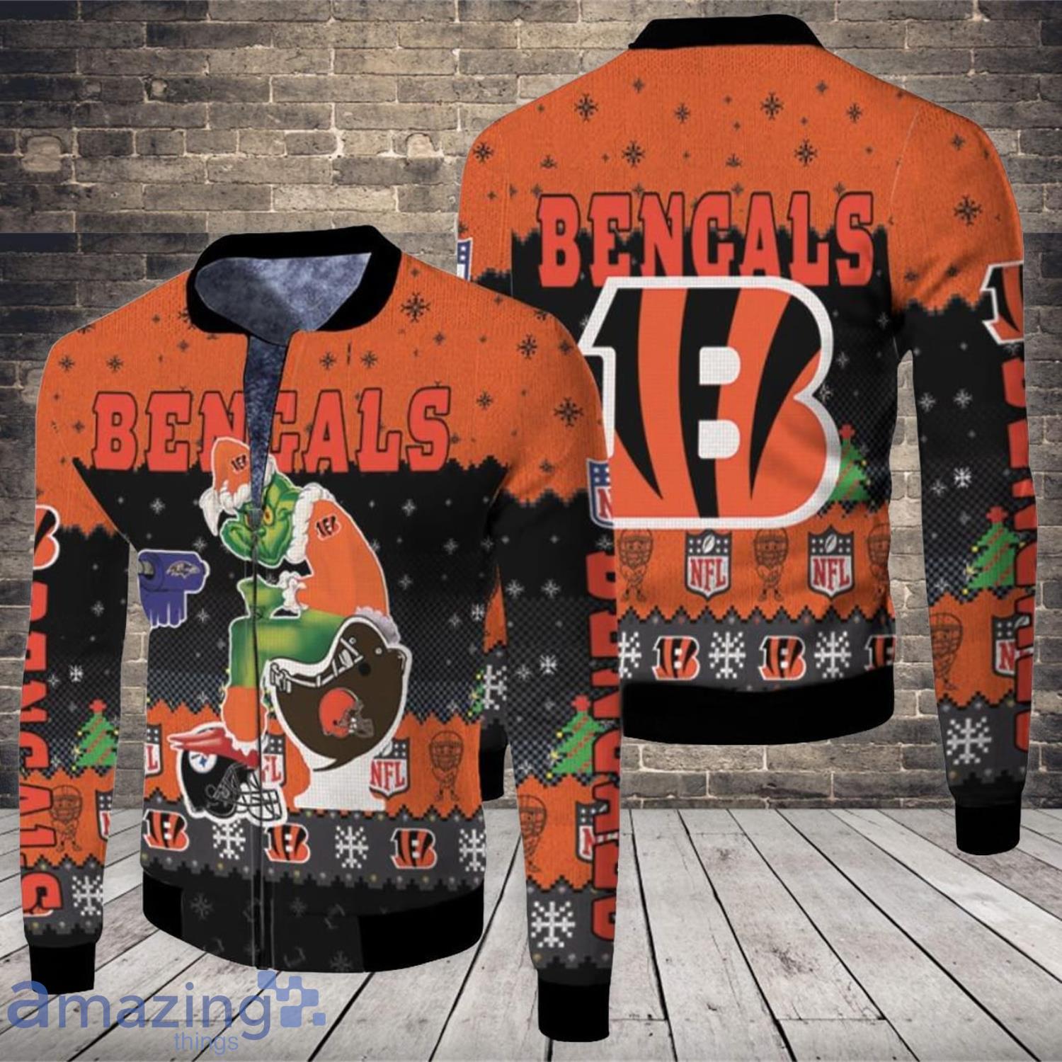 Christmas Pattern Santa Grinch Cincinnati Bengals Sitting On Browns Ravens Steelers Toilet Christmas Gift For Bengals Fans Fleece Bomber Jacket Product Photo 1