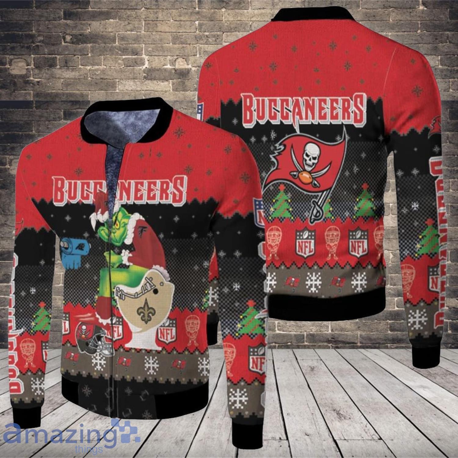 Christmas Pattern Santa Grinch Tampa Bay Buccaneers Sitting On Saints Panthers Buccaneers Toilet Christmas Gift For Buccaneers Fans Fleece Bomber Jacket Product Photo 1