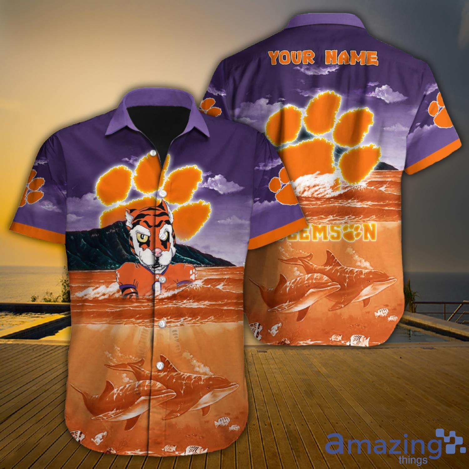 Clemson Tigers Ncaa Cucstom Name Shark Ocean And Sky Short Sleeve Hawaiian Shirt Product Photo 1