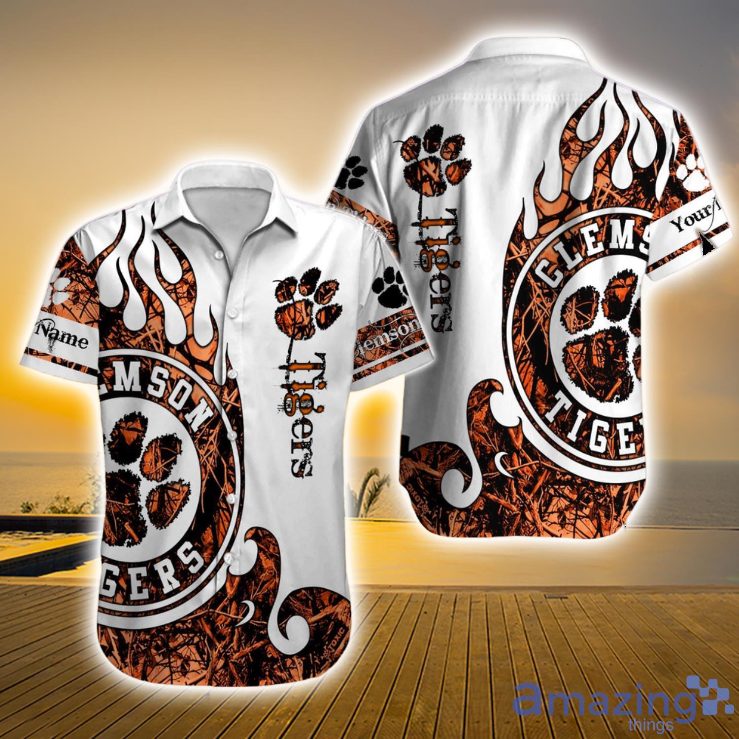 Clemson Tigers Ncaa Custom Name Fire Camo Style Short Sleeve Hawaiian Shirt Product Photo 1