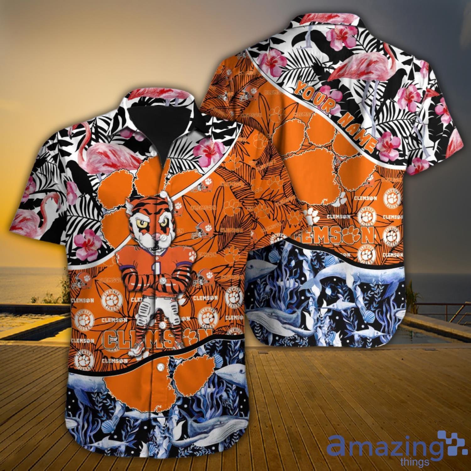 Clemson Tigers Ncaa Custom Name Flamigo Ocean Fishes Tropical Aloha Hawaiian Shirt Product Photo 1