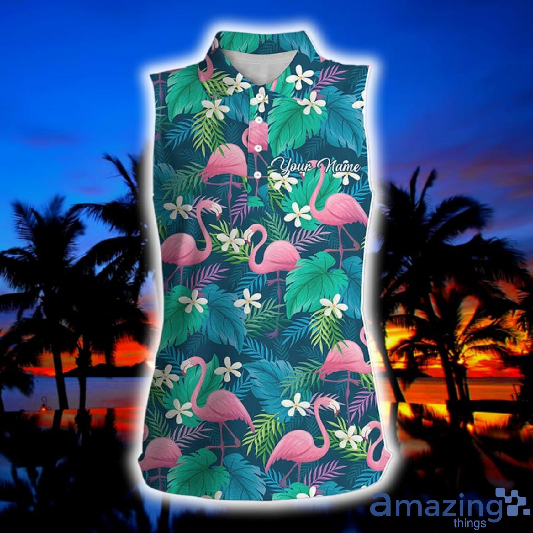 Colorful Flamingo Green Tropical Leaf Pattern Custom Name Golf Polo Shirts Product Photo 1