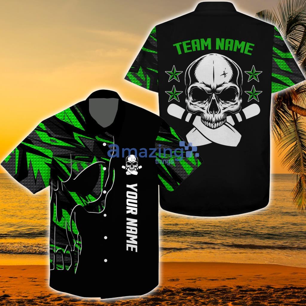 Custom Name And Team Name Skull Bowling, Team Green Hawaiian Shirt - Custom Name And Team Name Skull Bowling, Team Green Hawaiian Shirt
