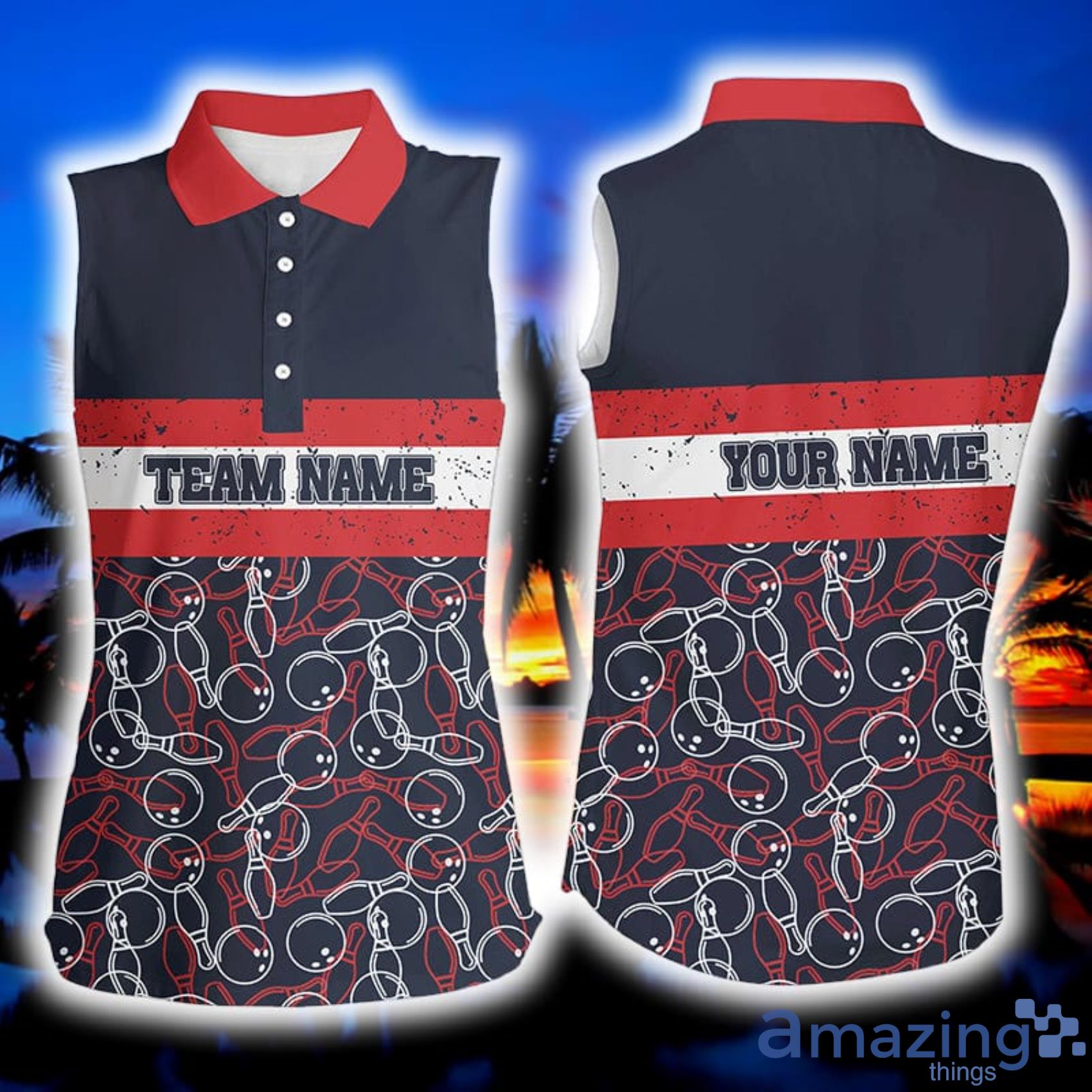 Custom Name Red And Blue Vintage Bowling Team Bowlers Women's Sleeveless Polo Shirt Product Photo 1