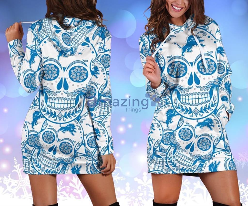 Detroit Lions NFL Skull Flower Blue Hoodie Dress 3D - Detroit Lions NFL Skull Flower Blue Hoodie Dress 3D