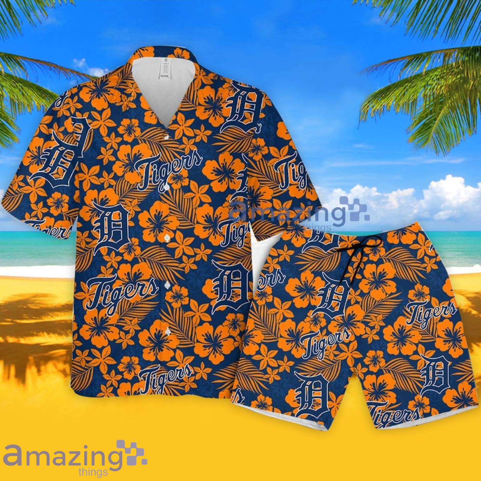 Detroit Tigers Hibiscus Seamless Pattern 3D All Over Print Hawaiian Shirt  Gift For Tigers Fans - Freedomdesign