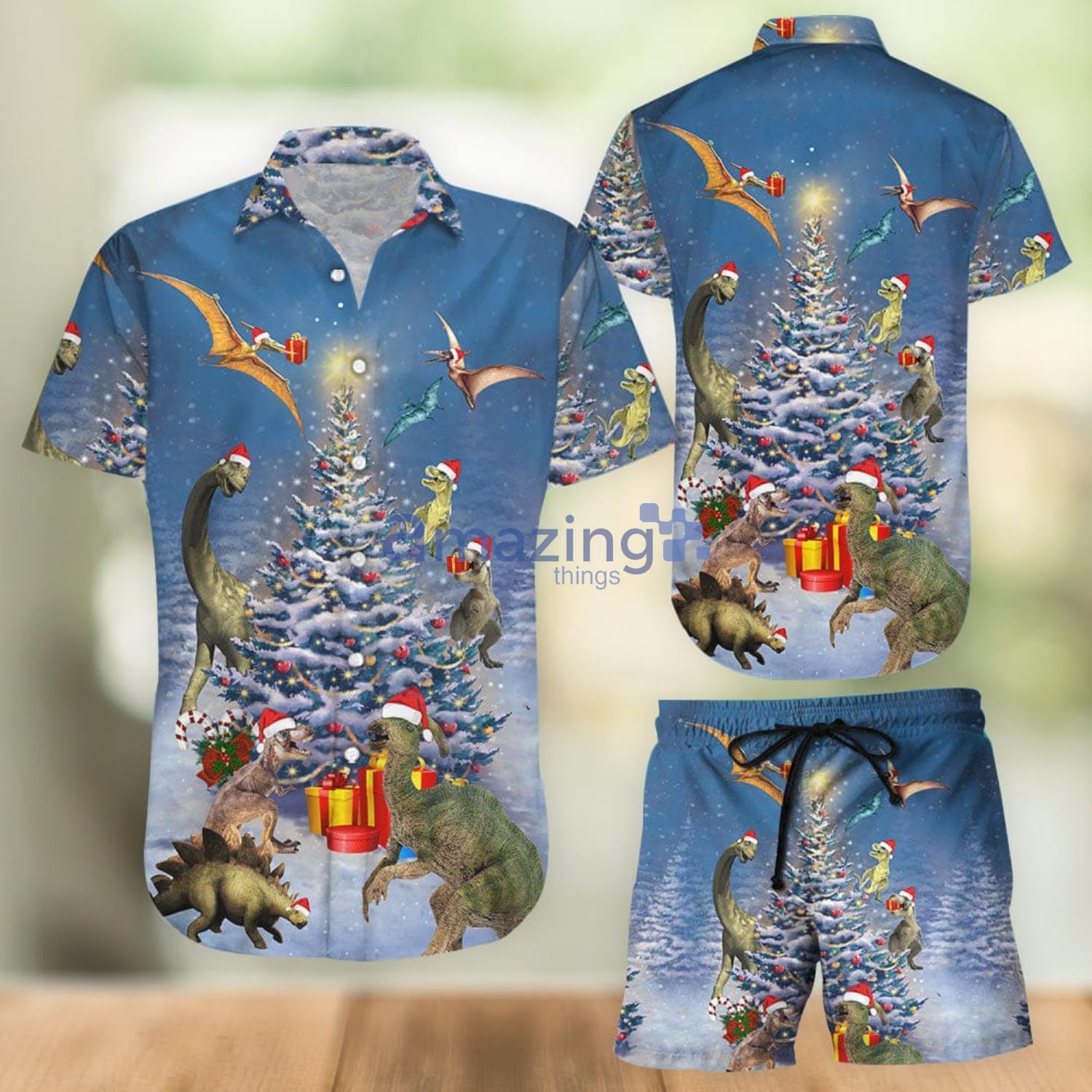 Dinosaur Christmas Hawaiian Shirt And Shorts Gift For Summer Vacation Product Photo 1