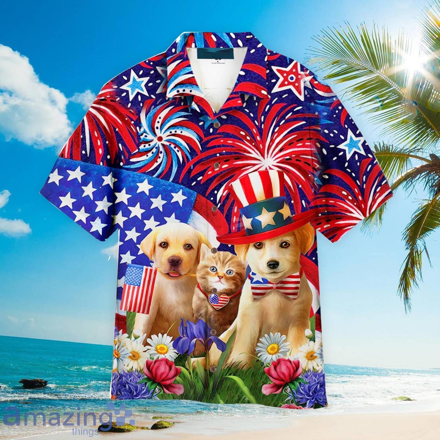 Dogs and Cat Love American Flag Firework Summer Beach Gift Hawaiian Shirt Product Photo 1