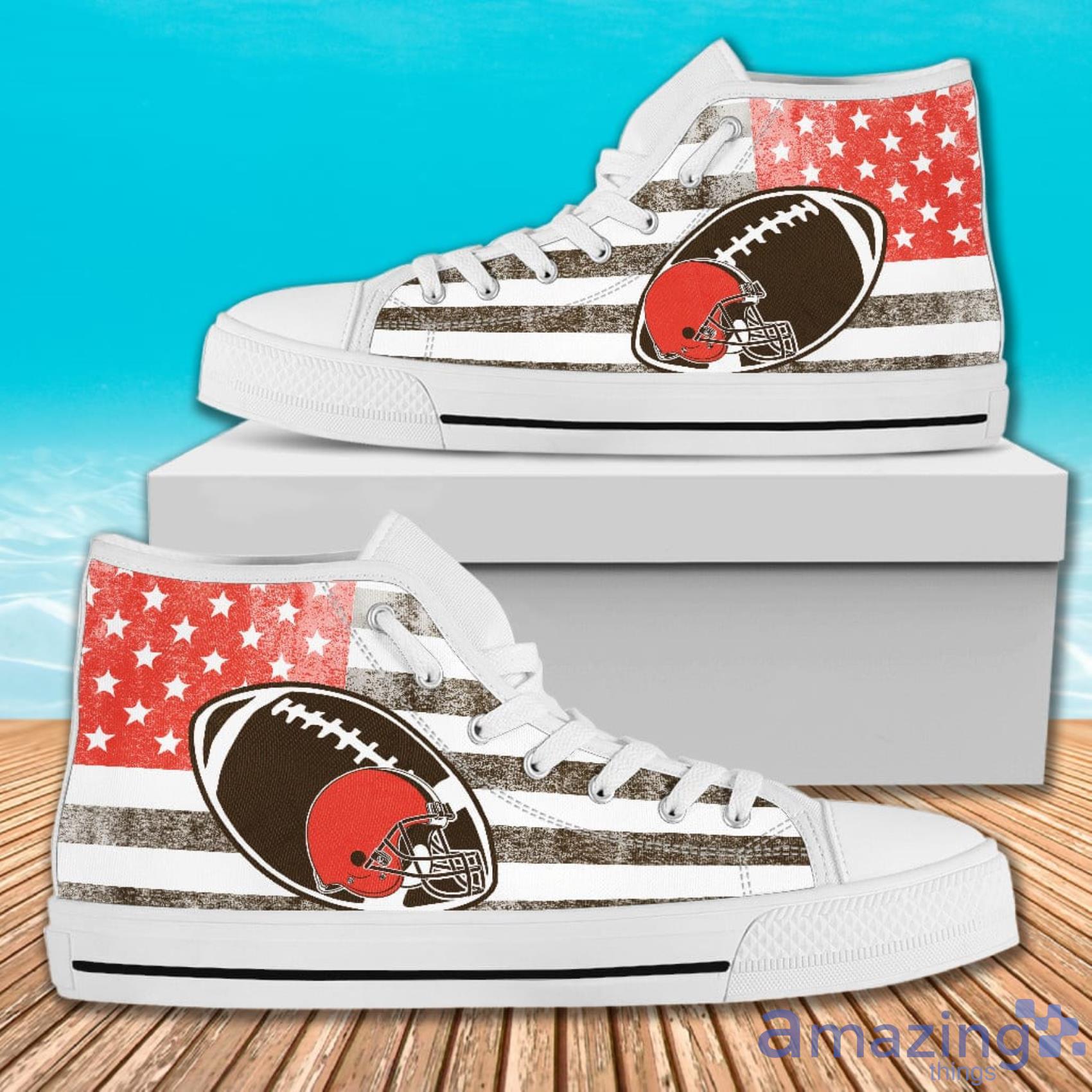 Flag Rugby Cleveland Browns American Flag And Ball Symbol High Top Canvas Shoes image Flag Rugby Cleveland Browns American Flag And Ball Symbol High Top Canvas Shoes Product Photo 2