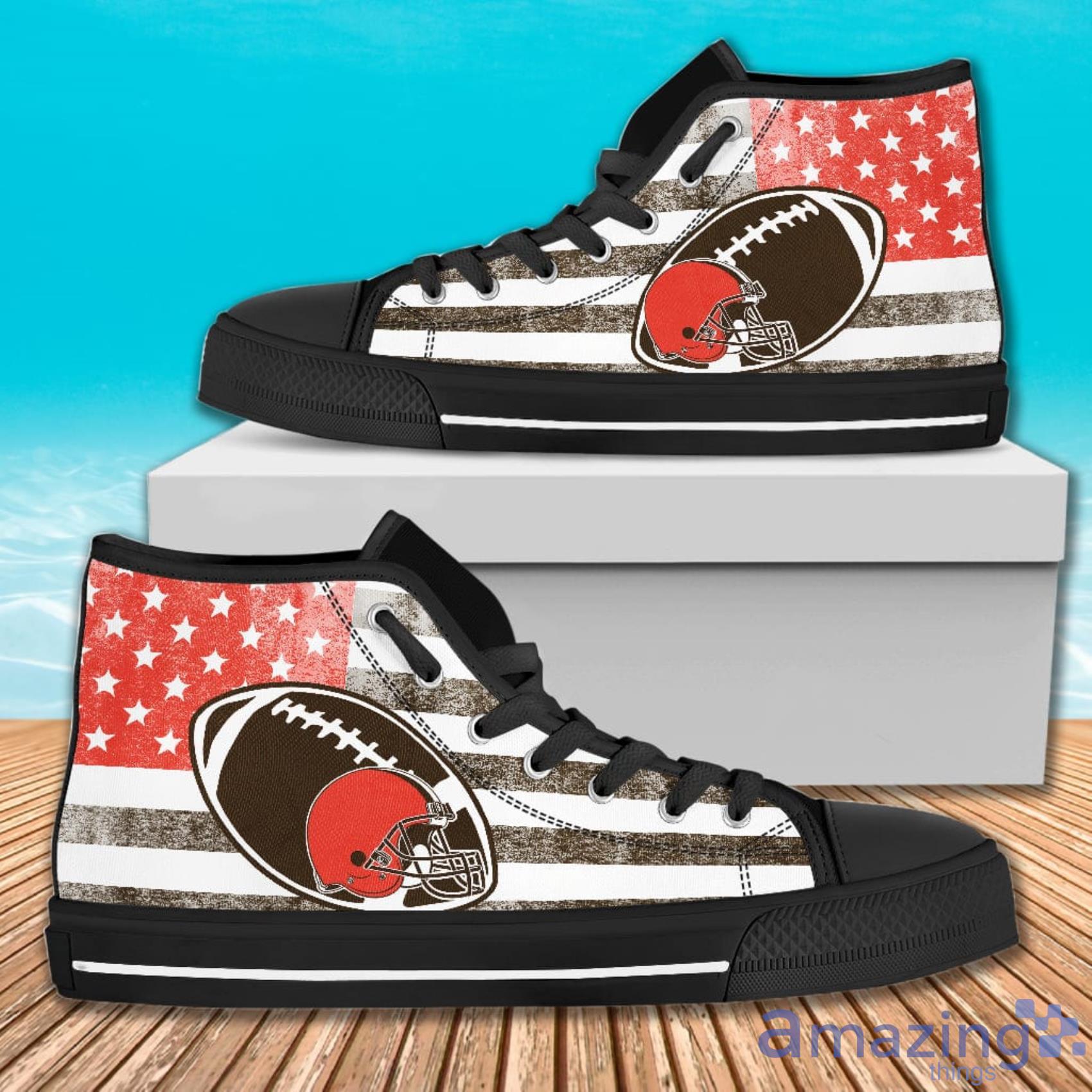 Flag Rugby Cleveland Browns American Flag And Ball Symbol High Top Canvas Shoes Product Photo 1