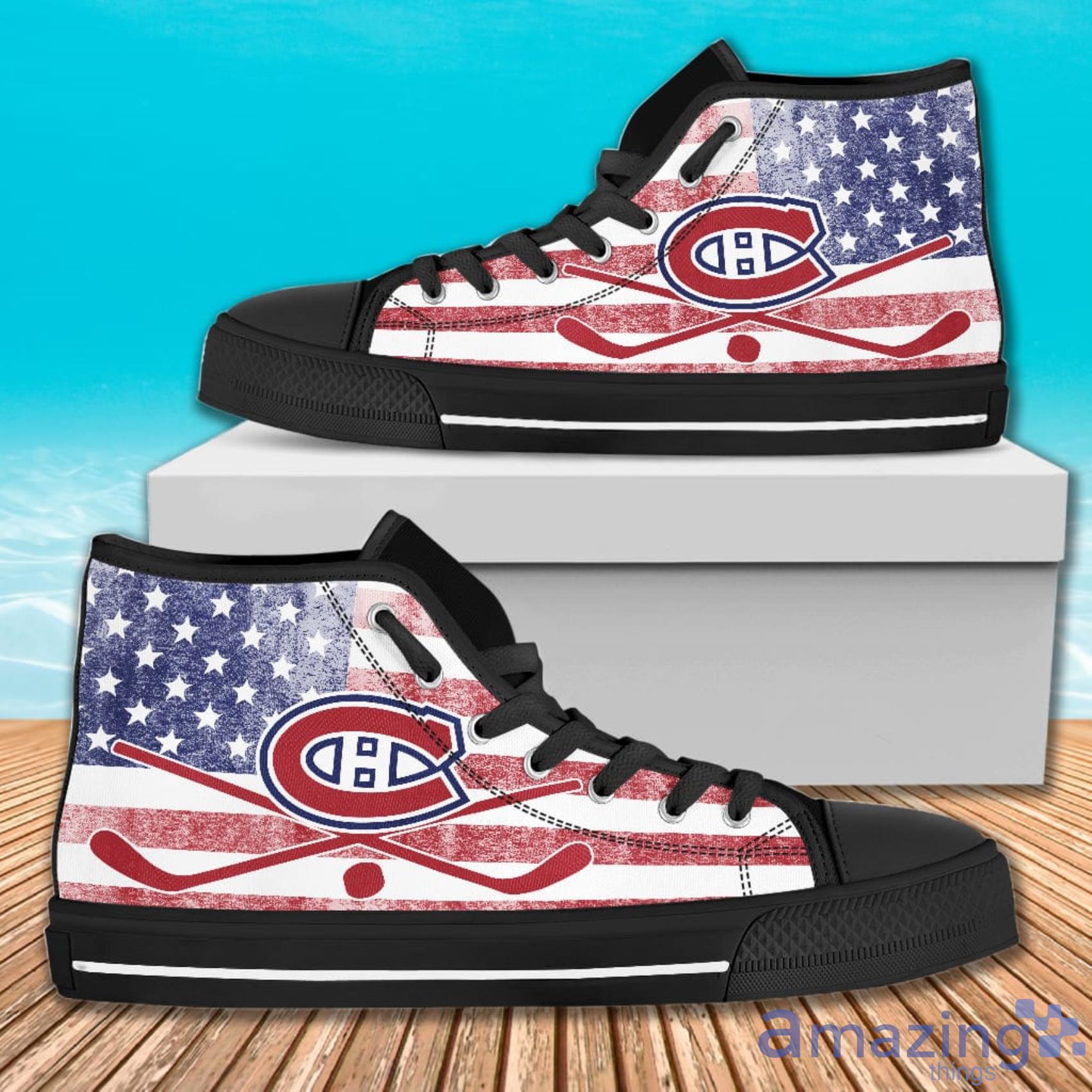 Flag Rugby Montreal Canadiens American Flag And Ball Symbol High Top Canvas Shoes Product Photo 1