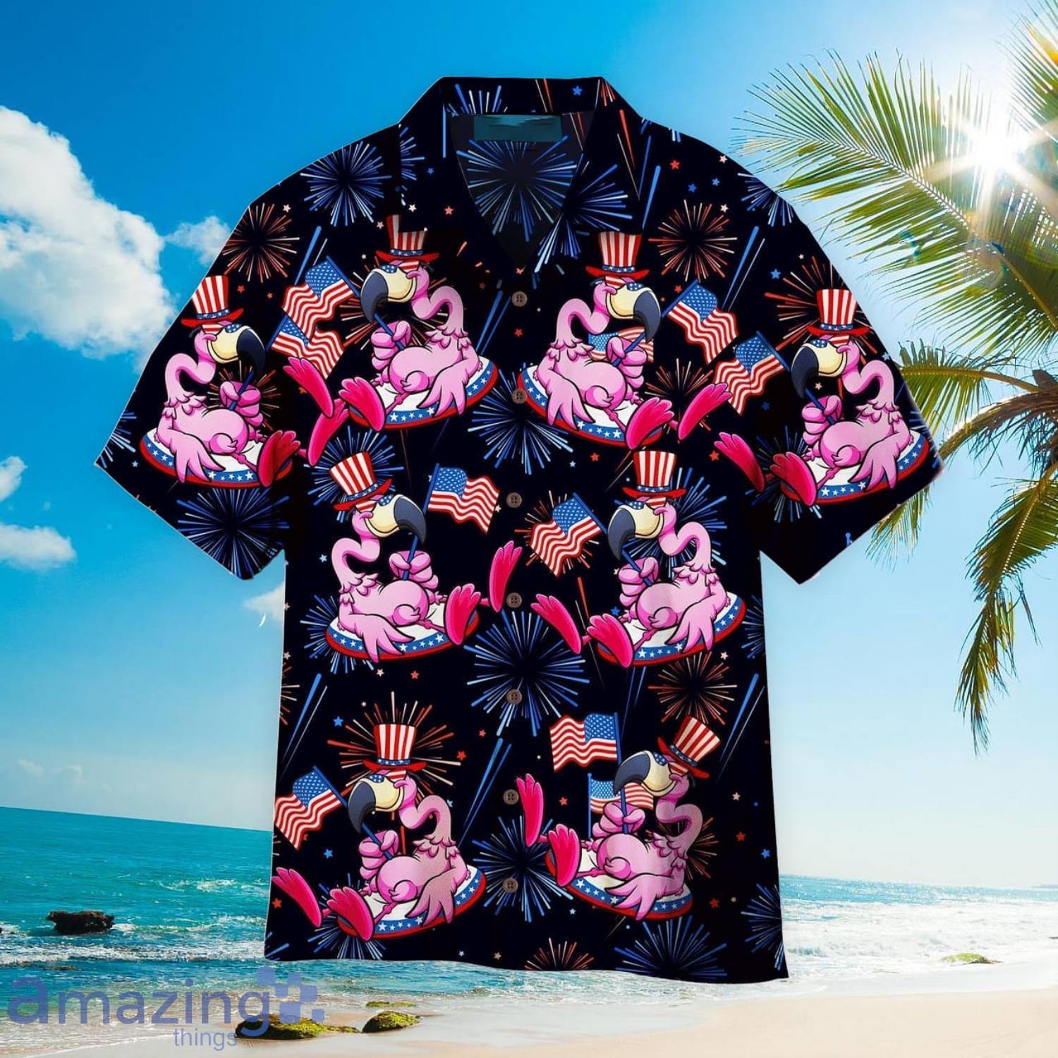 Flamingo US Flag Firework Pattern Full Printed Hawaiian Shirt