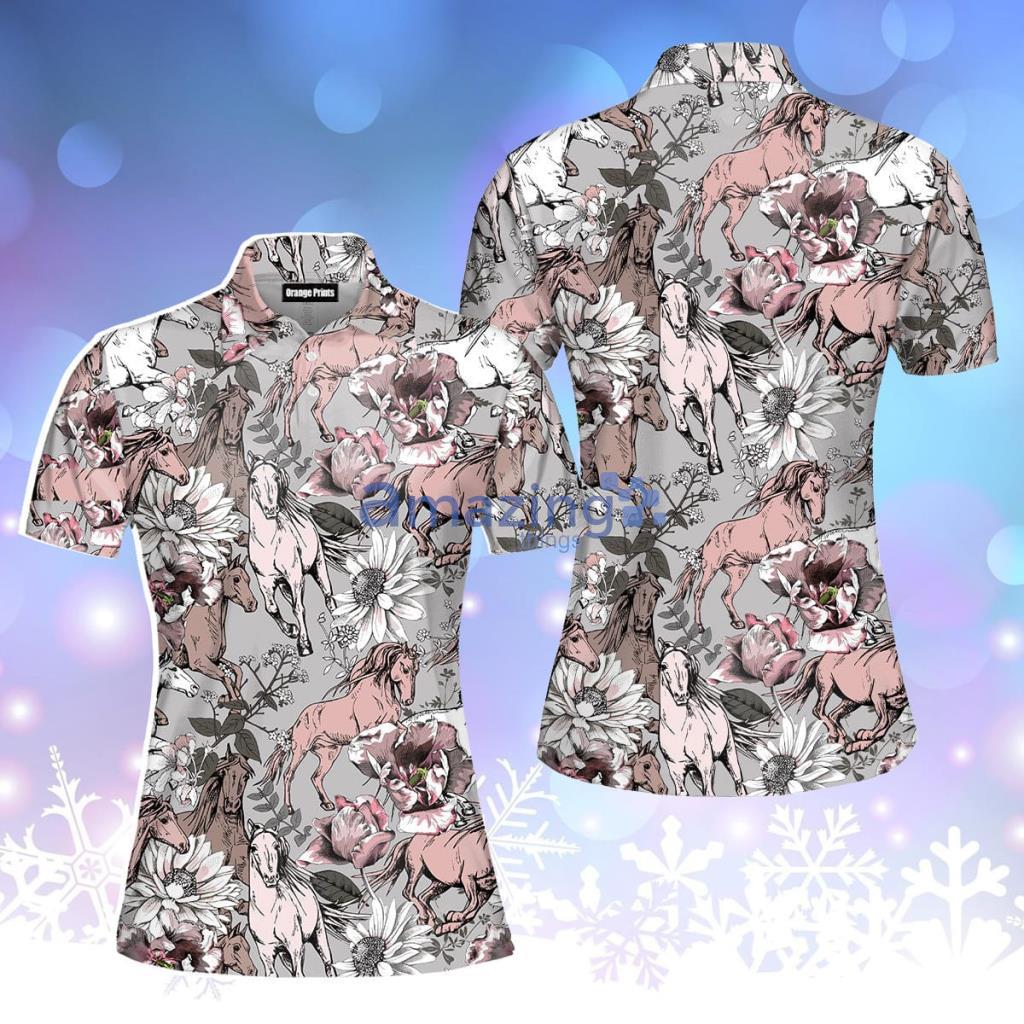 Floral Horses Polo Shirt For Women - Floral Horses Polo Shirt For Women