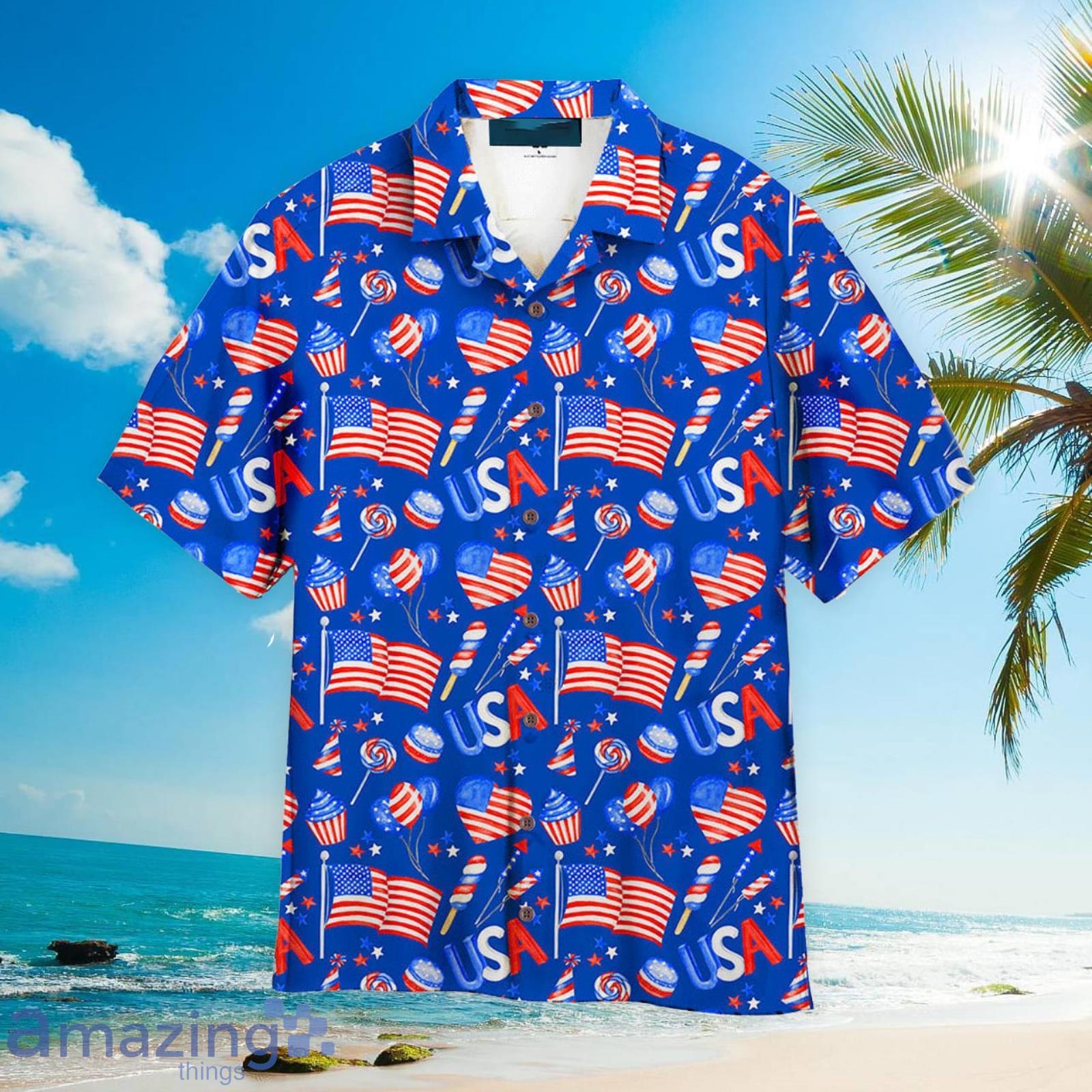 Fourth Of July Patriotic American Flags Blue Aloha Hawaiian Shirt Beach Gift Product Photo 1