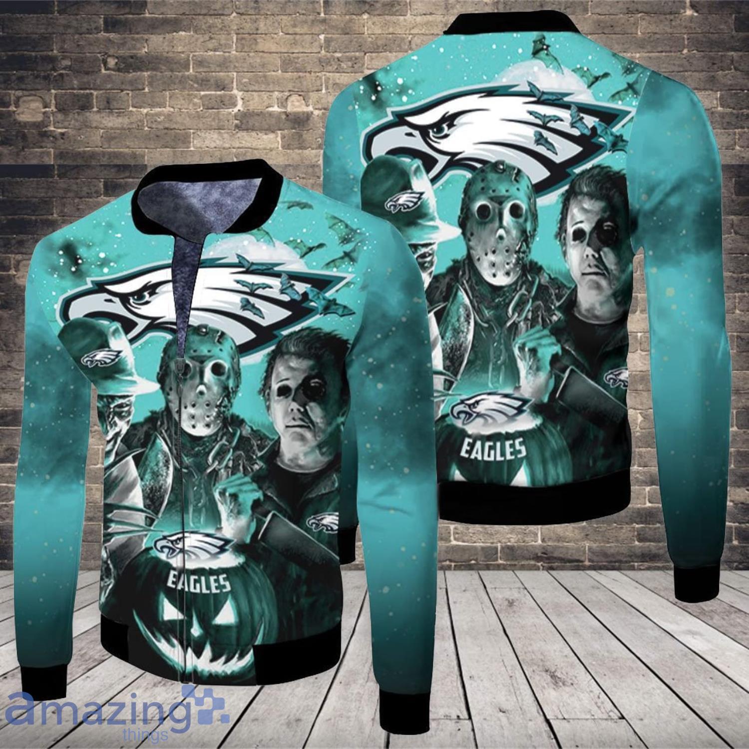 Freddy Jason Michael Myers Loves Philadelphia Eagles Pumpkin Head Halloween Jersey All Over printed 3D Fleece Bomber Jacket Product Photo 1